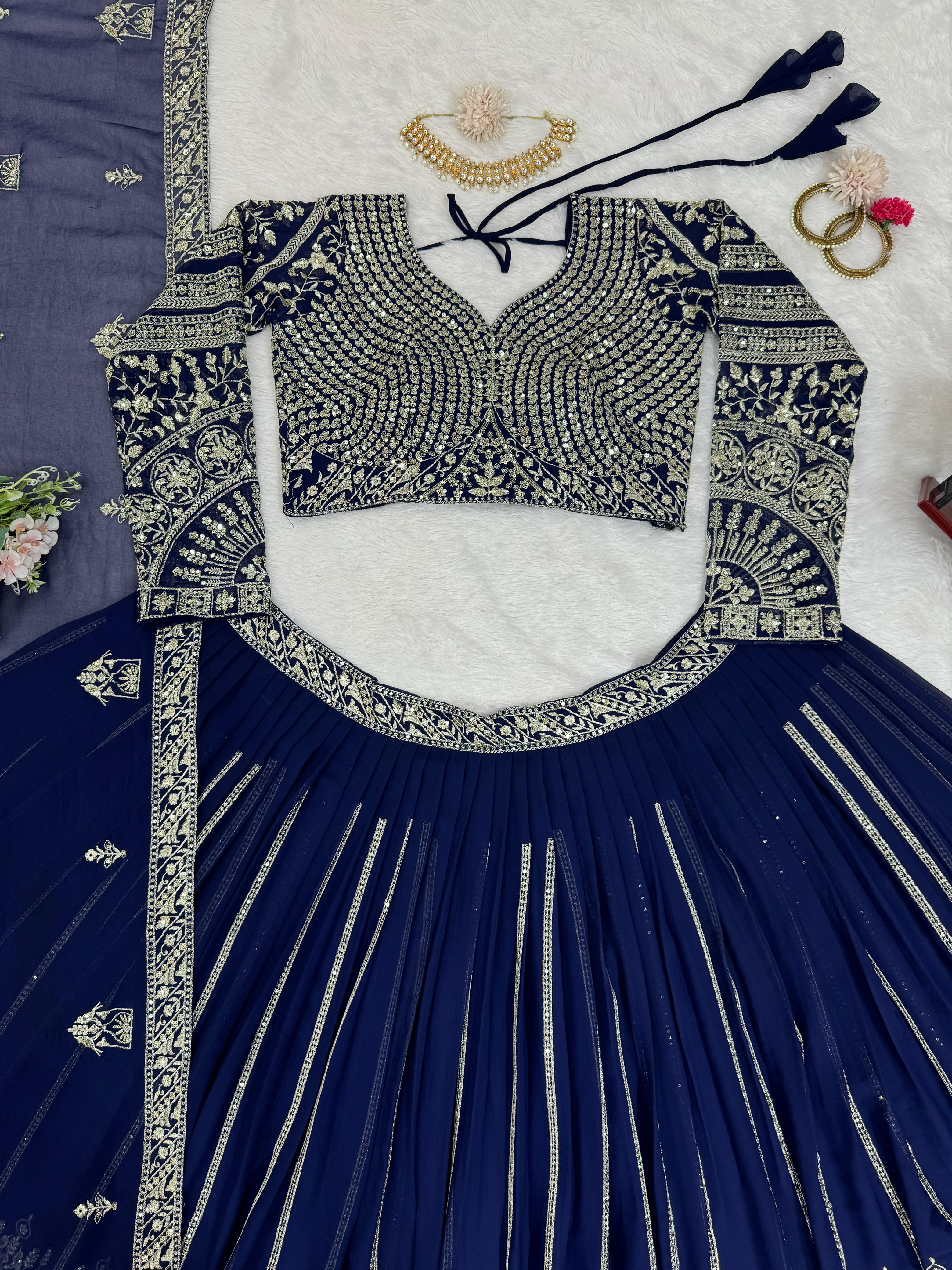 Navy Blue Foux Gorgette Thread with Sequnce Lehenga Choli - INSPIRED | Ready To Wear - qivii