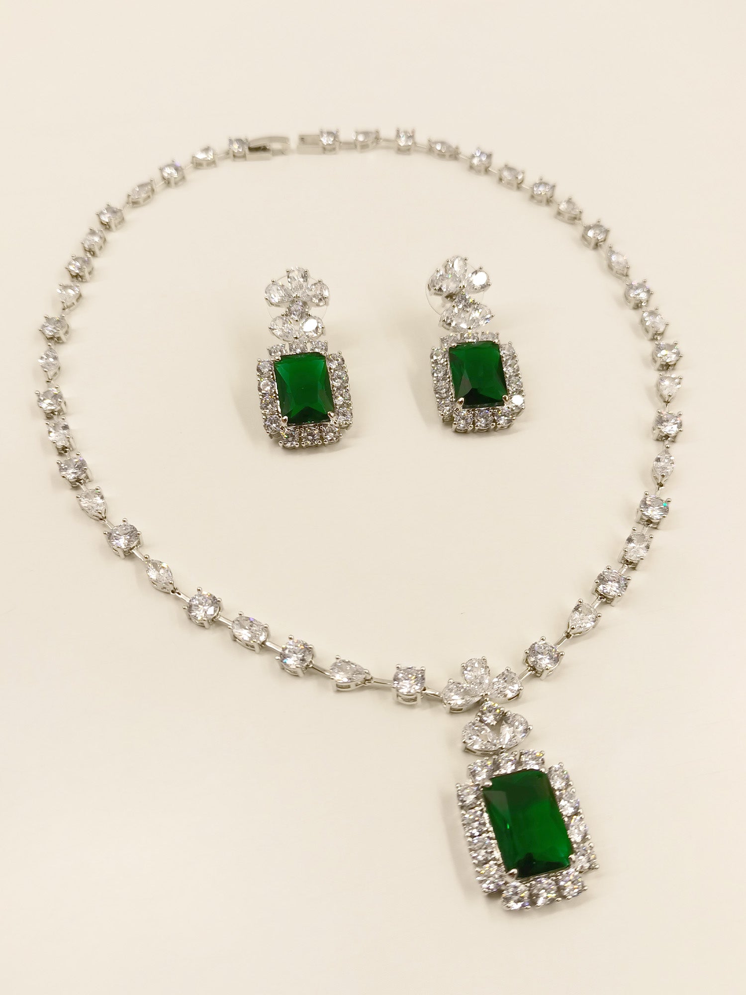 Shimmering Reet Green American Diamond Set with matching earrings and necklace