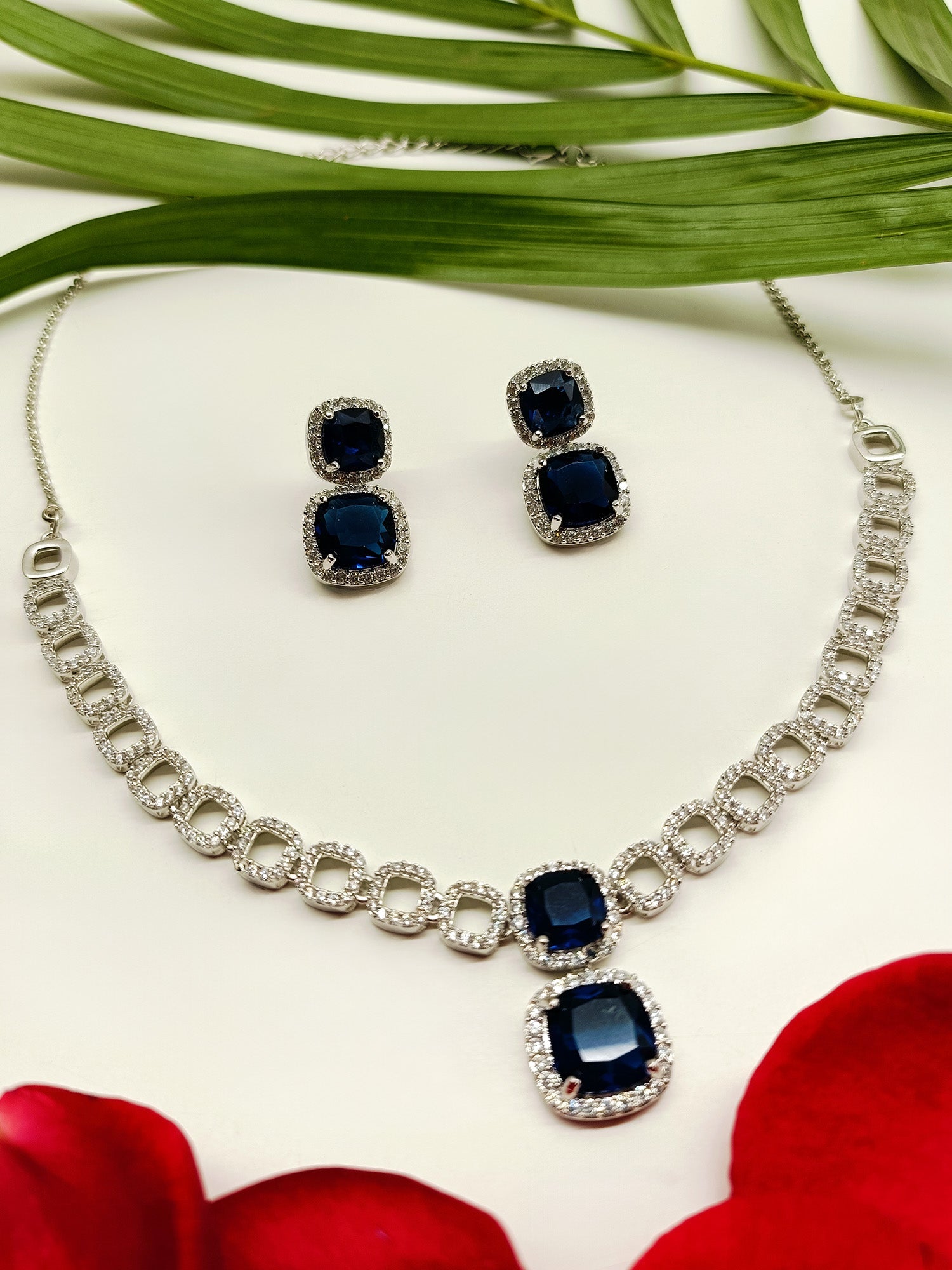 Gurleen Navy Blue American Diamond Set - qivii