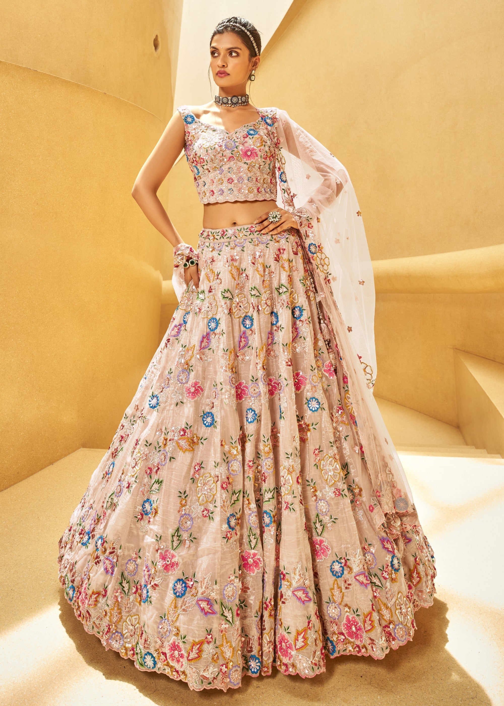 Rose Gold Organza Fabric Sequins Work Lehenga | Ready To Wear - qivii
