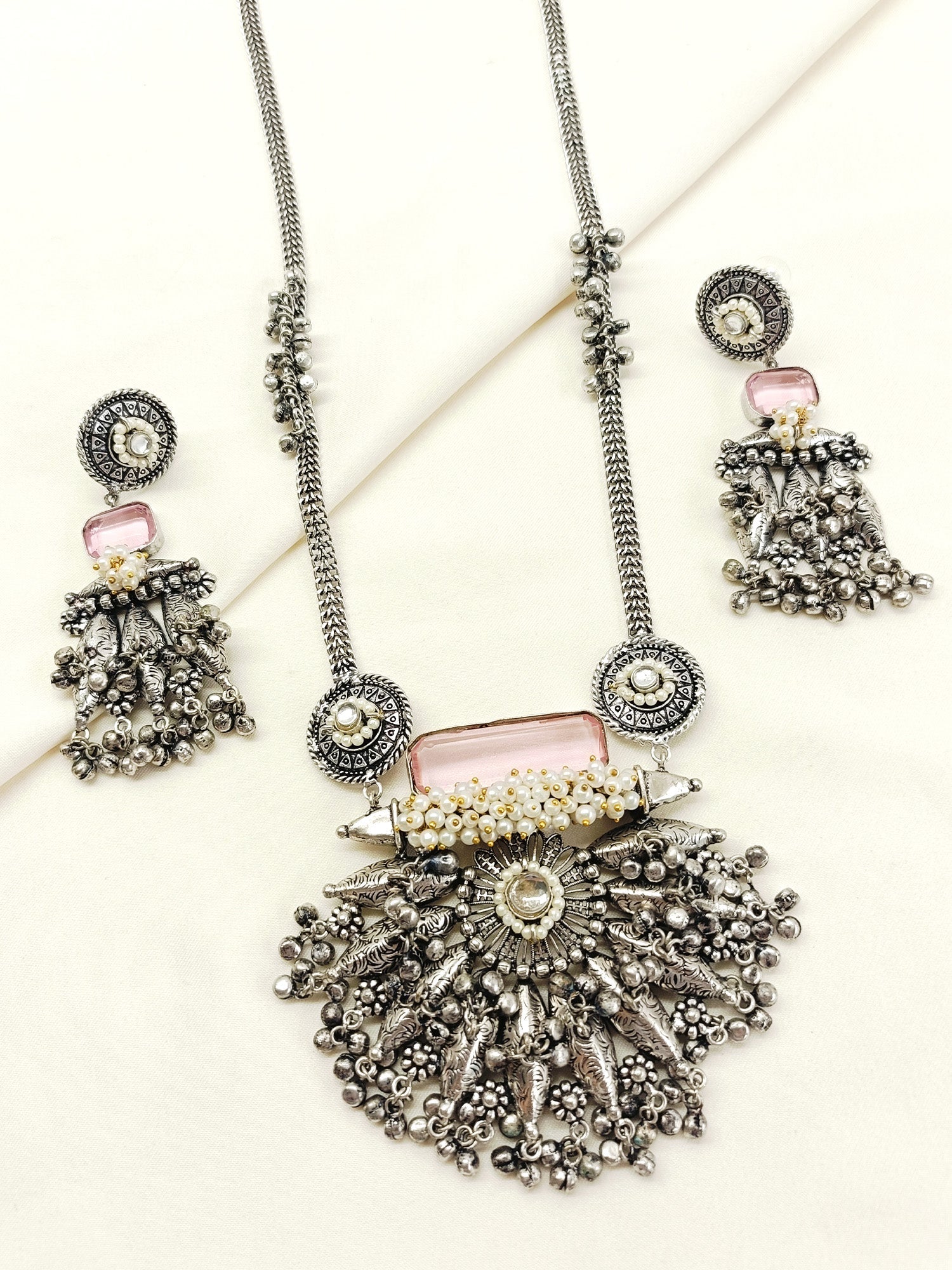 Piya Baby Pink Oxidized Pendant Set