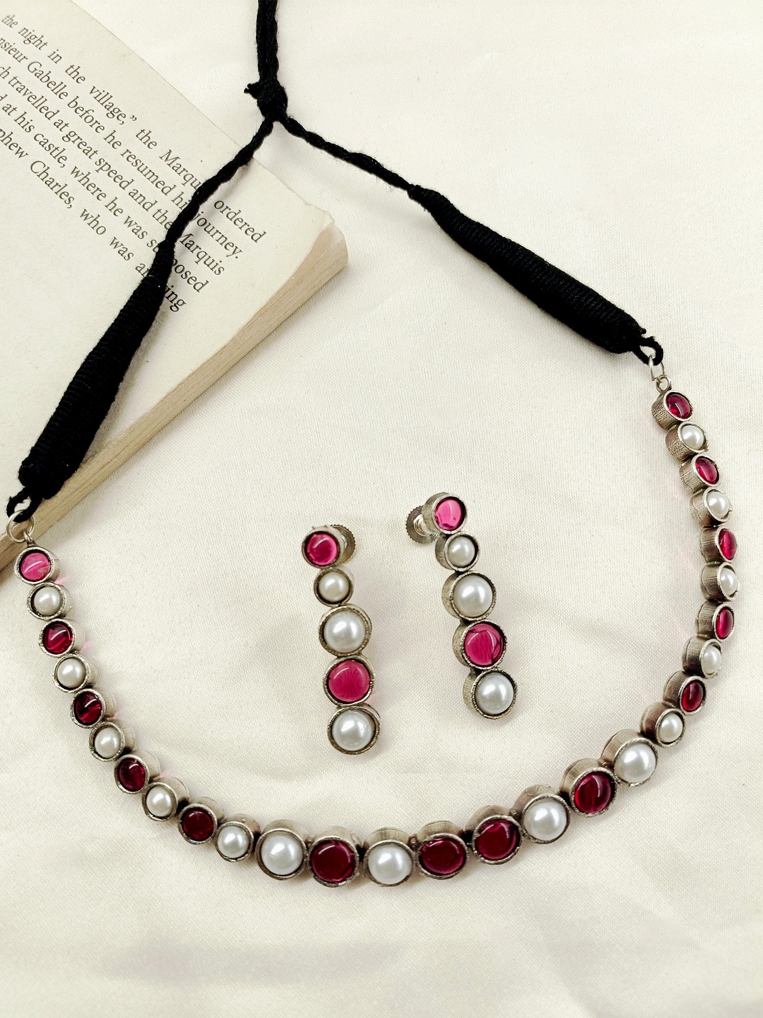 Adiratna Rose Pink Oxidized Necklace Set - qivii
