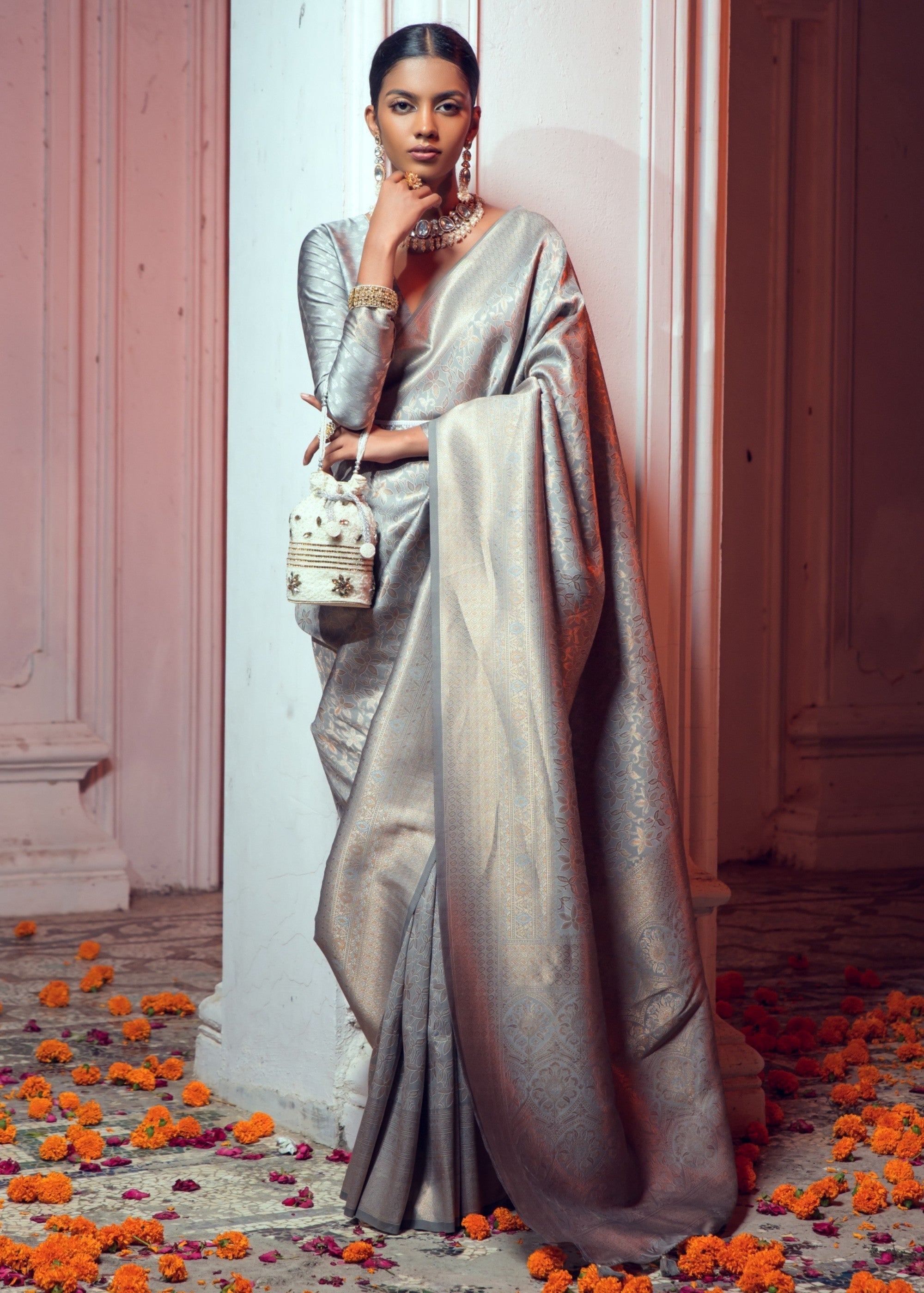 Coin Grey Zari Woven Silk Saree - qivii