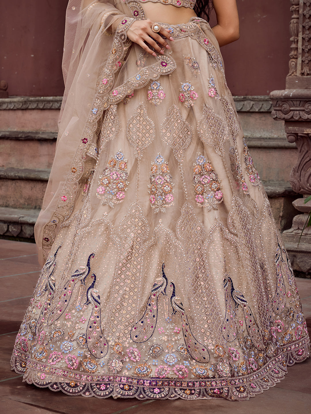 BEIGE - Net Fabric Sequins embroidery Semi-Stitched Lehenga & Unstitched Blouse With Dupatta