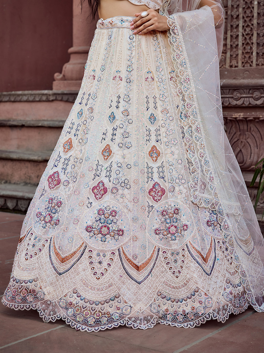 CREAM -Net Fabric Sequins embroidery Semi-Stitched Lehenga & Unstitched Blouse With Dupatta