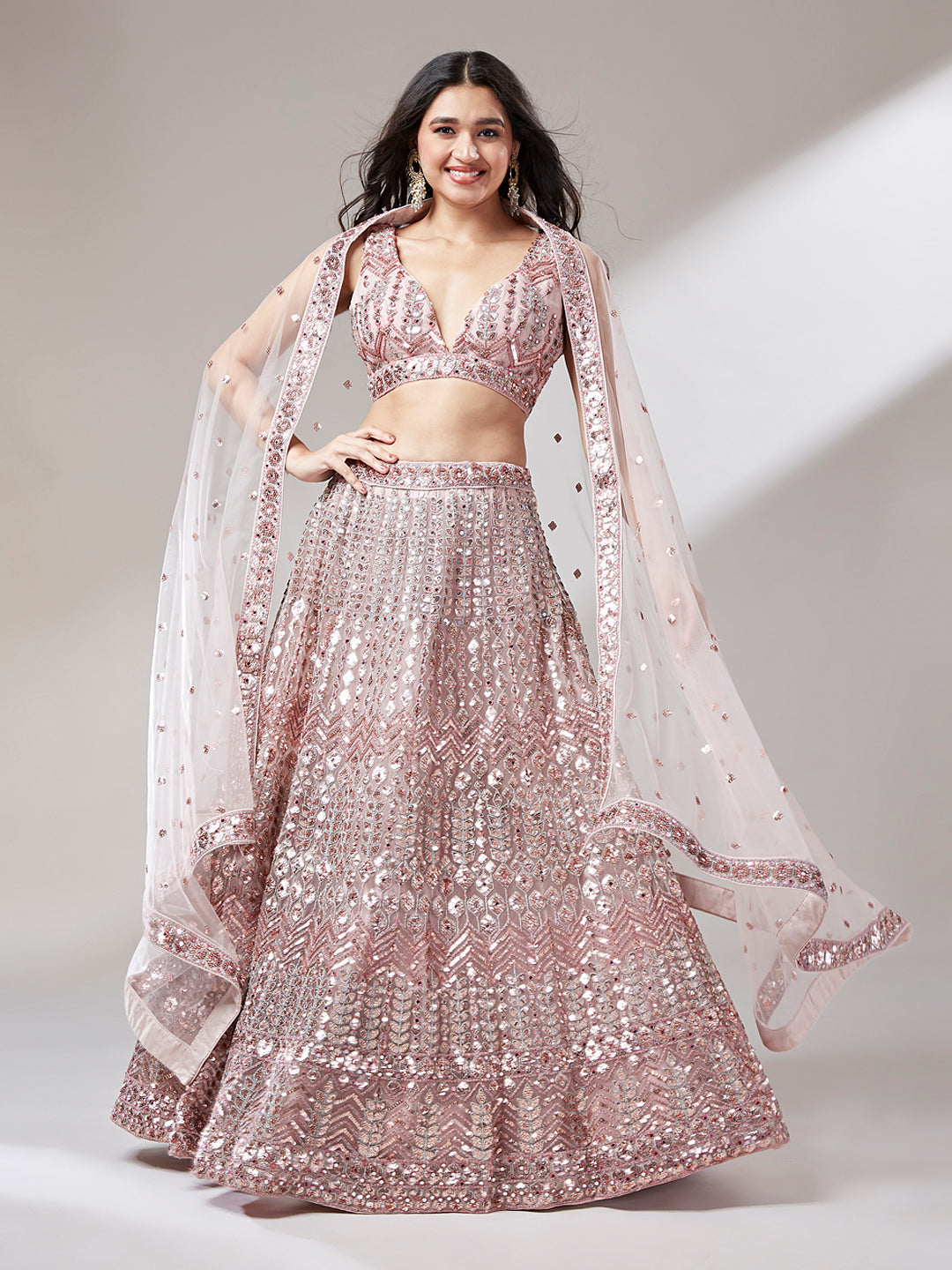 Rosegold - Net Mirror & Sequins Embroiderey Semi-Stitched Lehenga choli - qivii