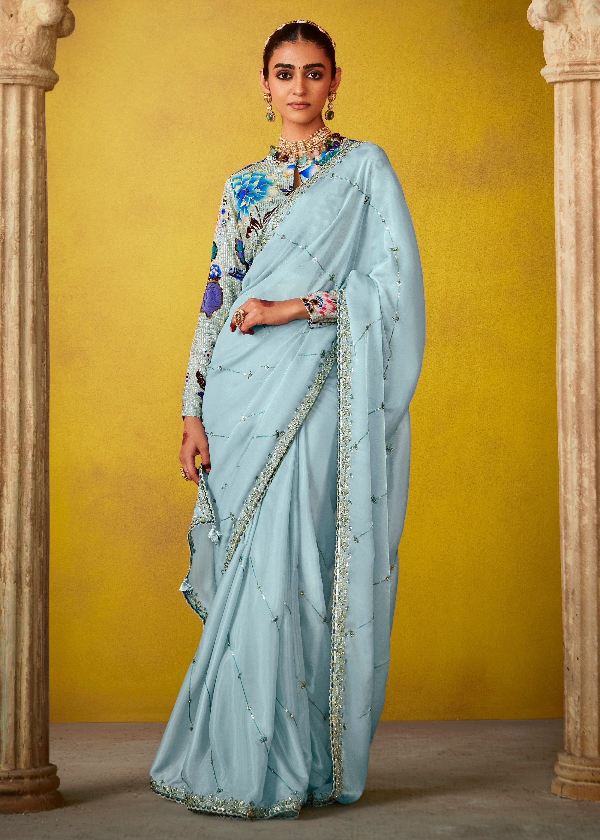 Arctic Blue Glass Tissue Silk Saree With Sequins And Thread Embroidered Work - qivii