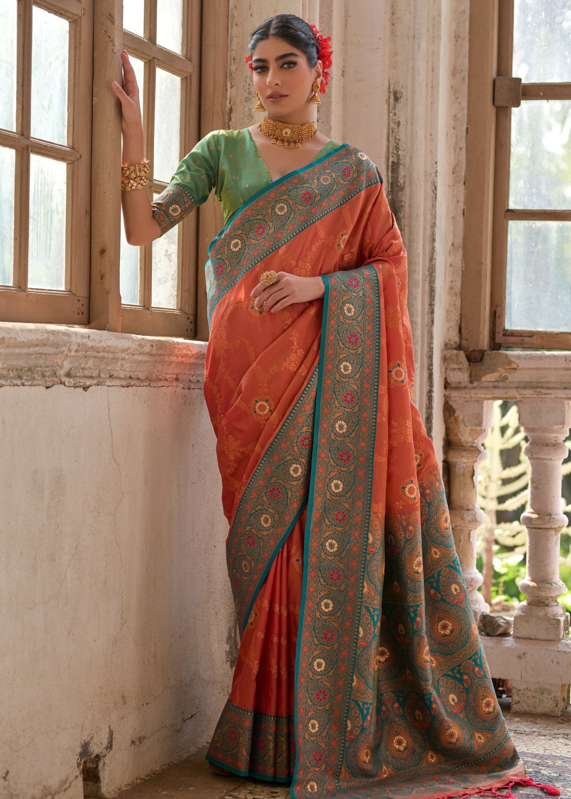 Carrot Orange All Over Flower Printed Zari Woven Banarasi Silk Saree With Contrast Pallu - qivii