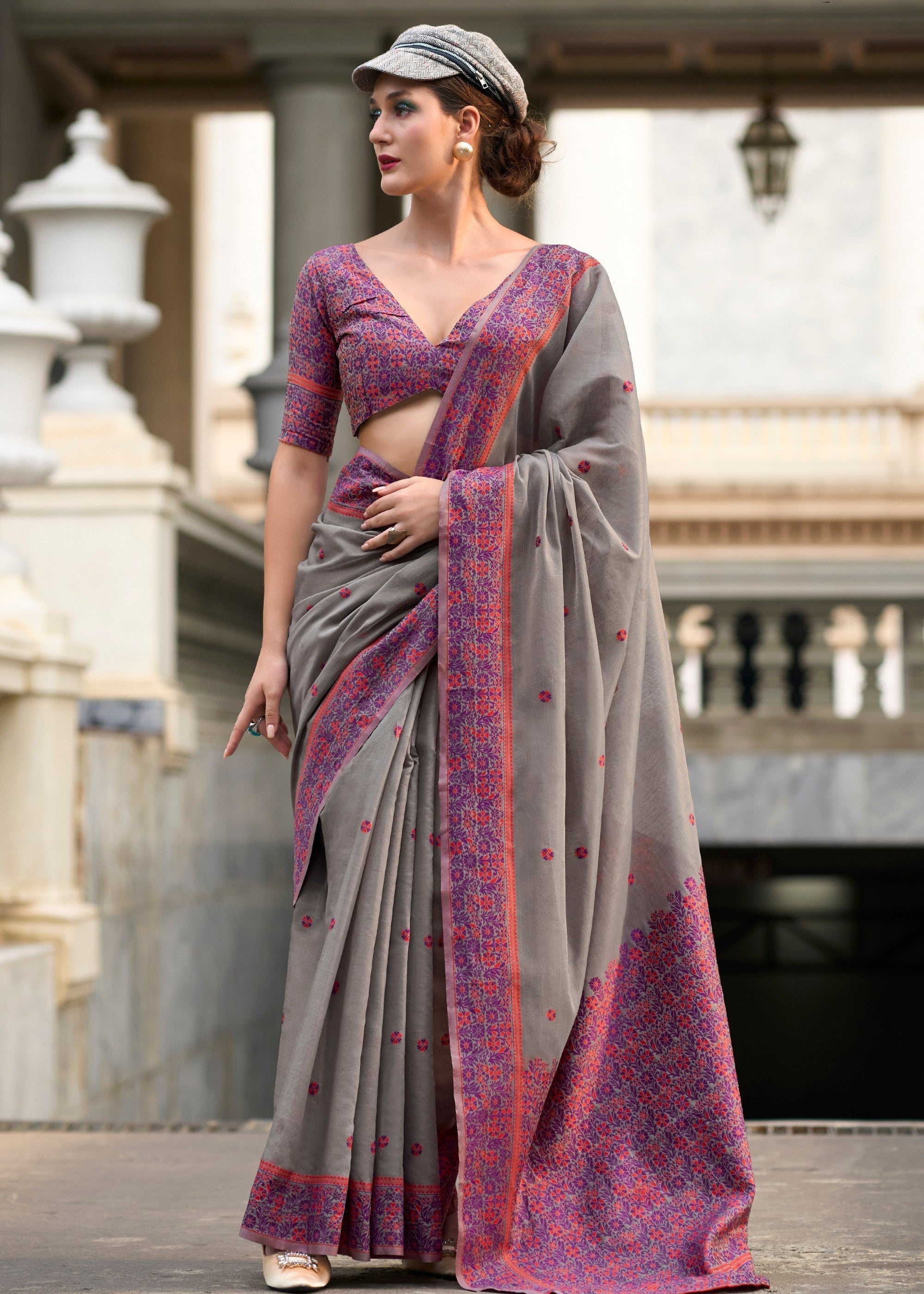 Pebble Grey Soft Linen Cotton Silk Saree - qivii