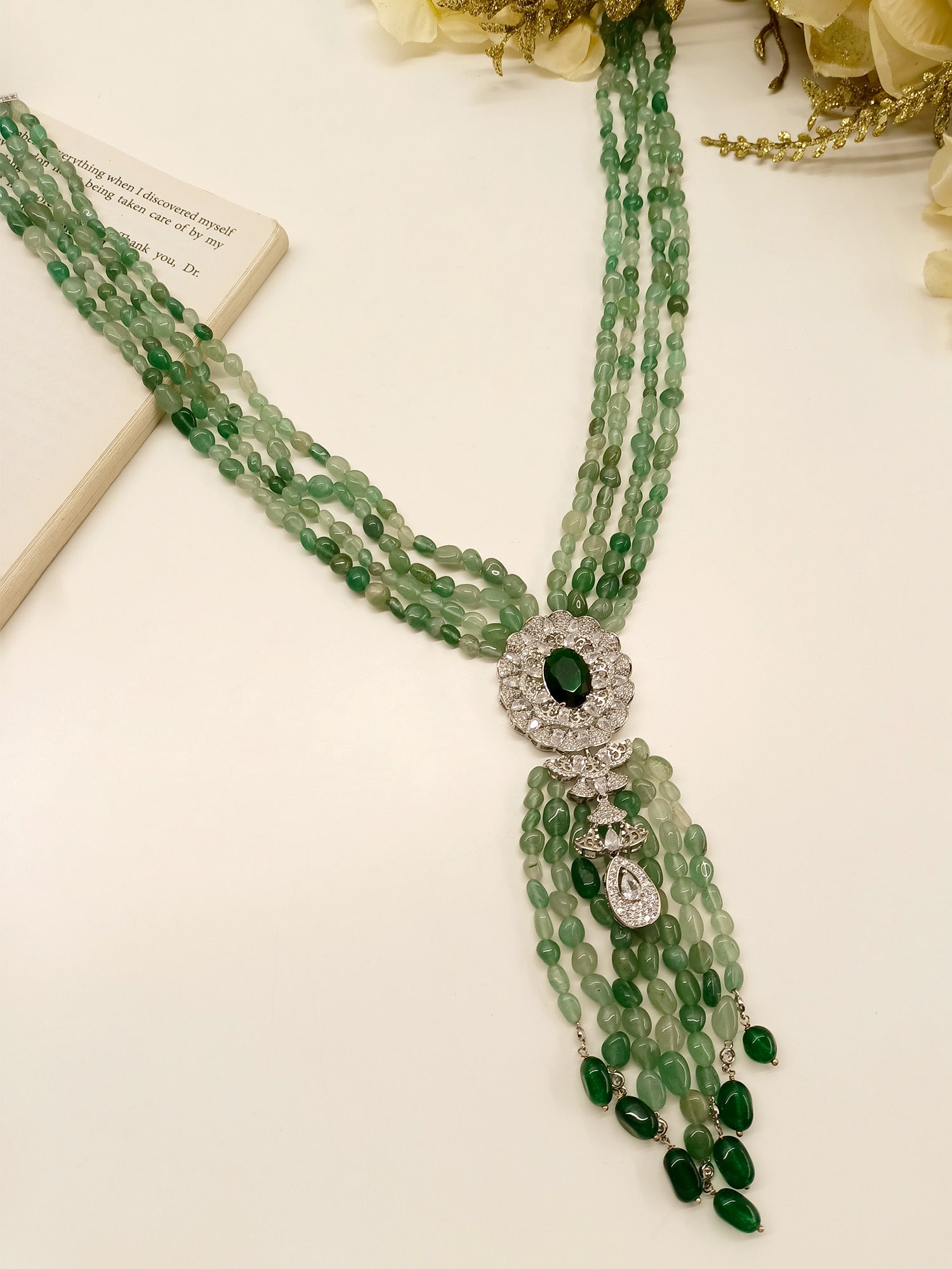 Ramya Emerald American Diamond & Beads Neckpiece - qivii