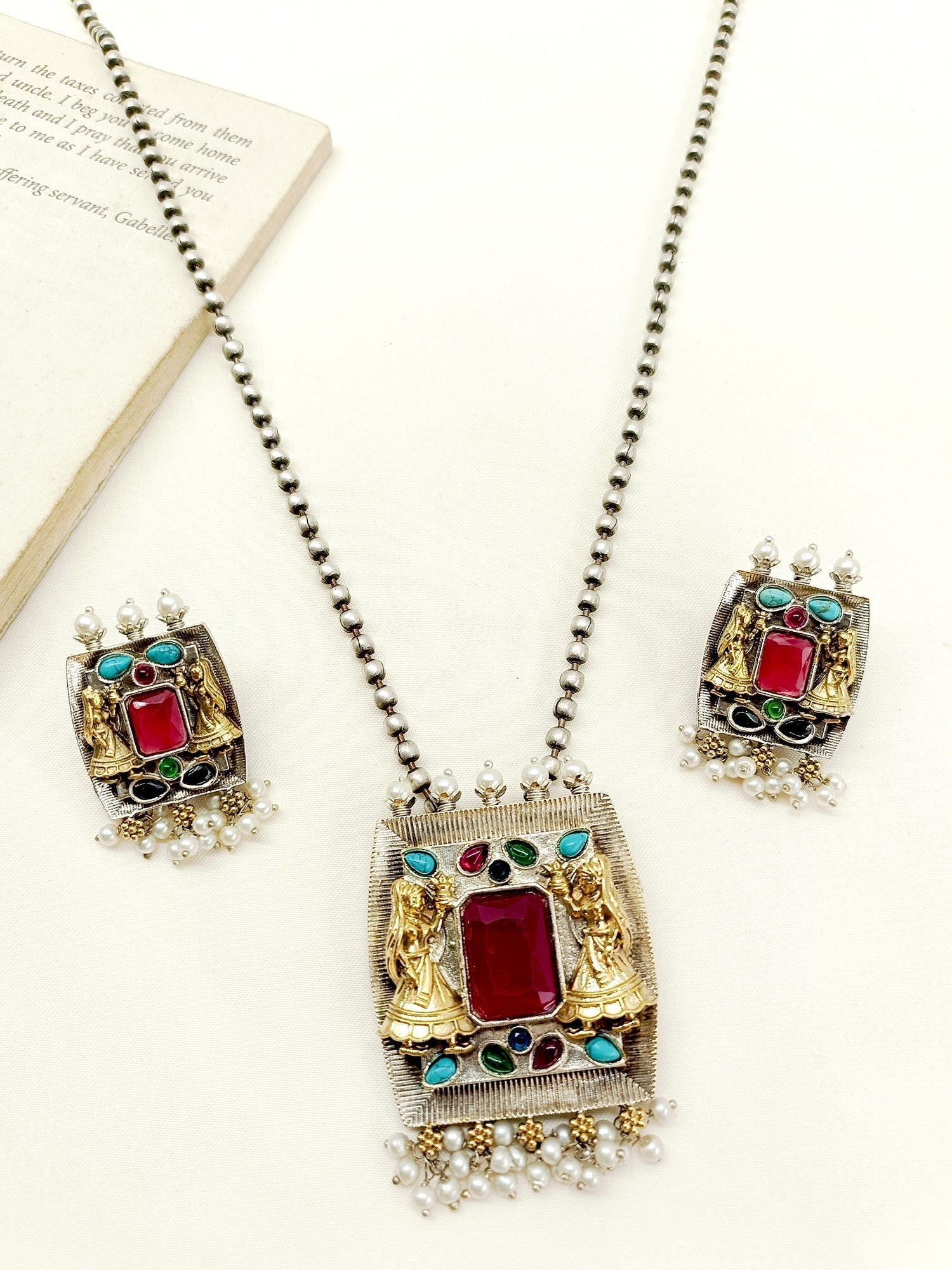 Raissa Multi Colour Oxidized Pendant Set - qivii