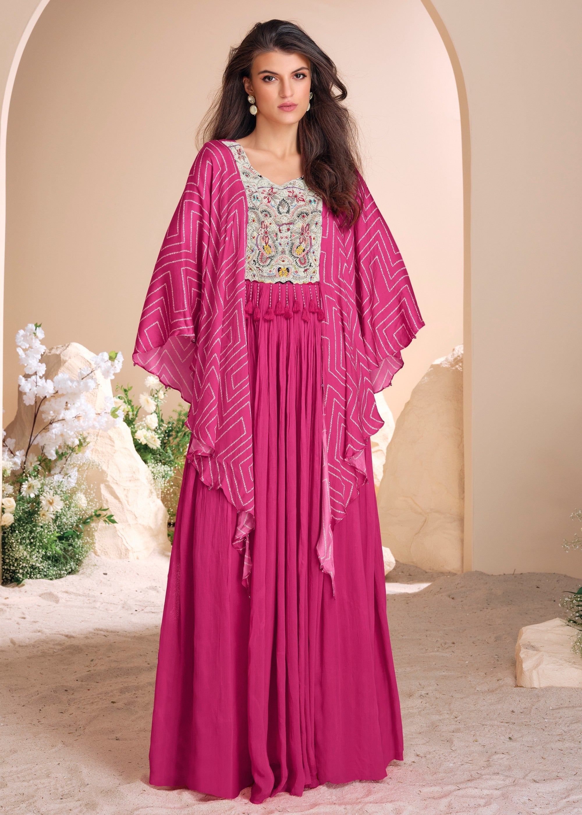 Bright Pink Moti Embroidered Chinon Silk Gown With Digital Sleeves - qivii