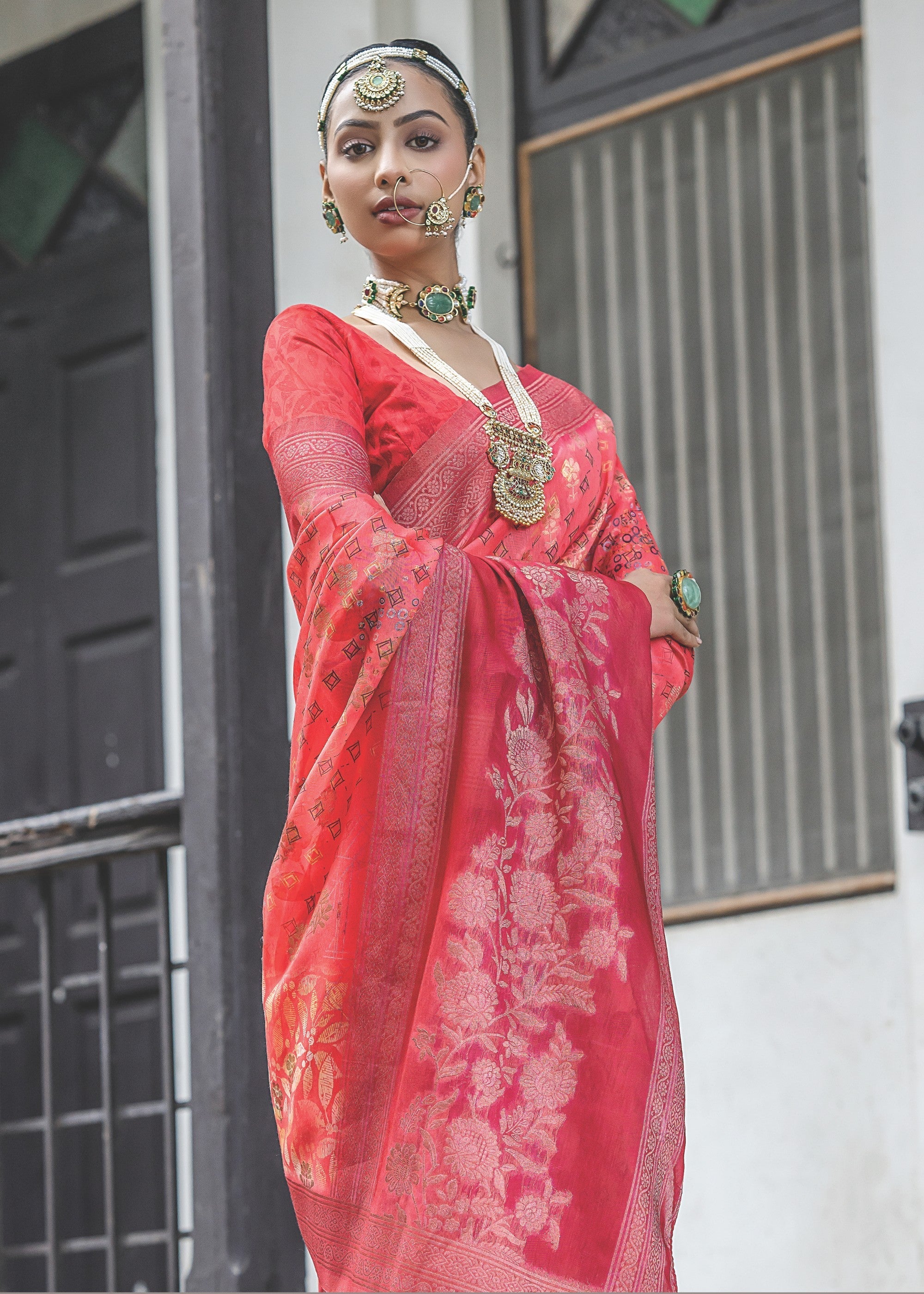 Candy Red Woven Silk Saree - qivii
