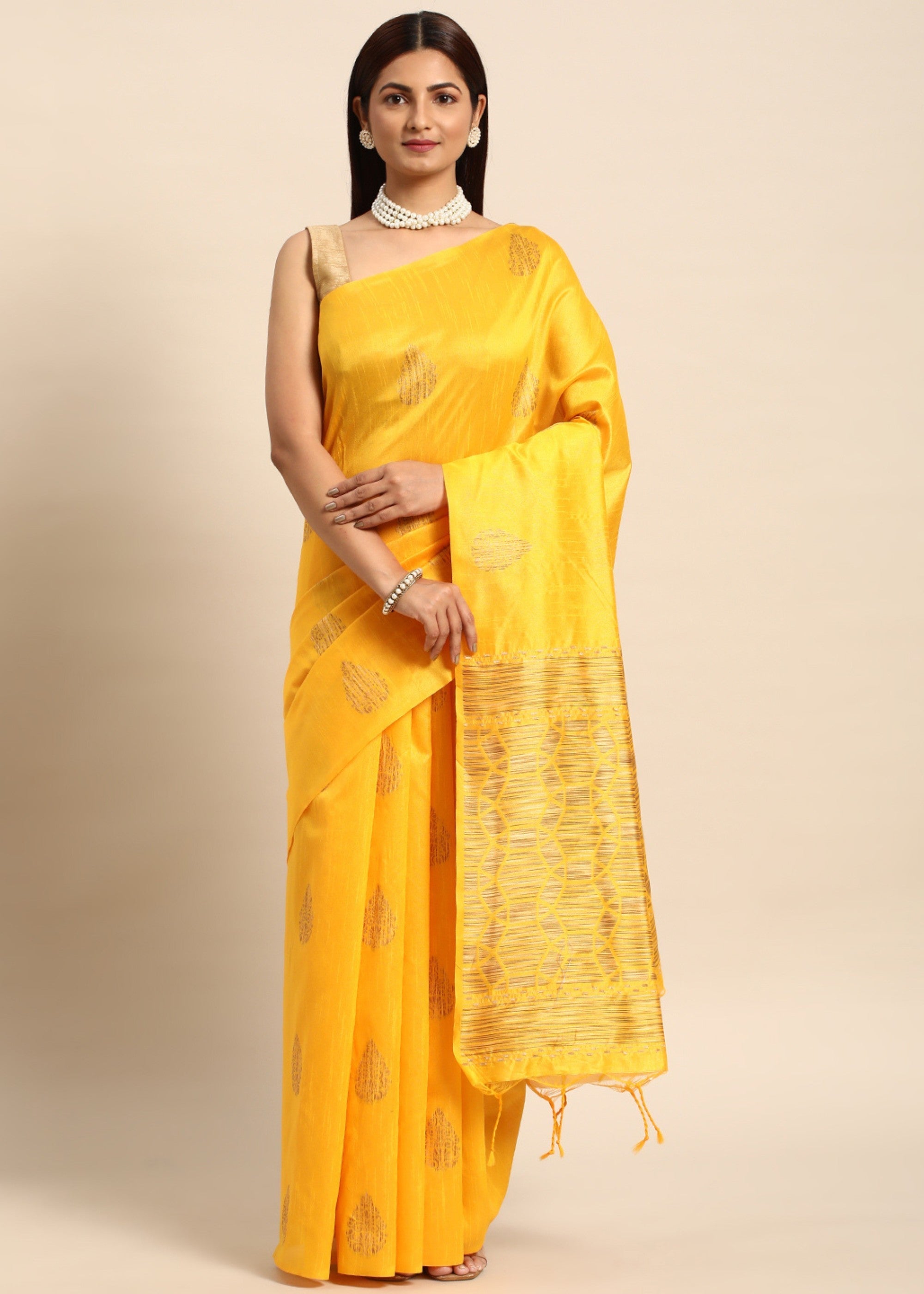 Golden Yellow Denim Blue Woven Handloom Raw Silk Saree - qivii