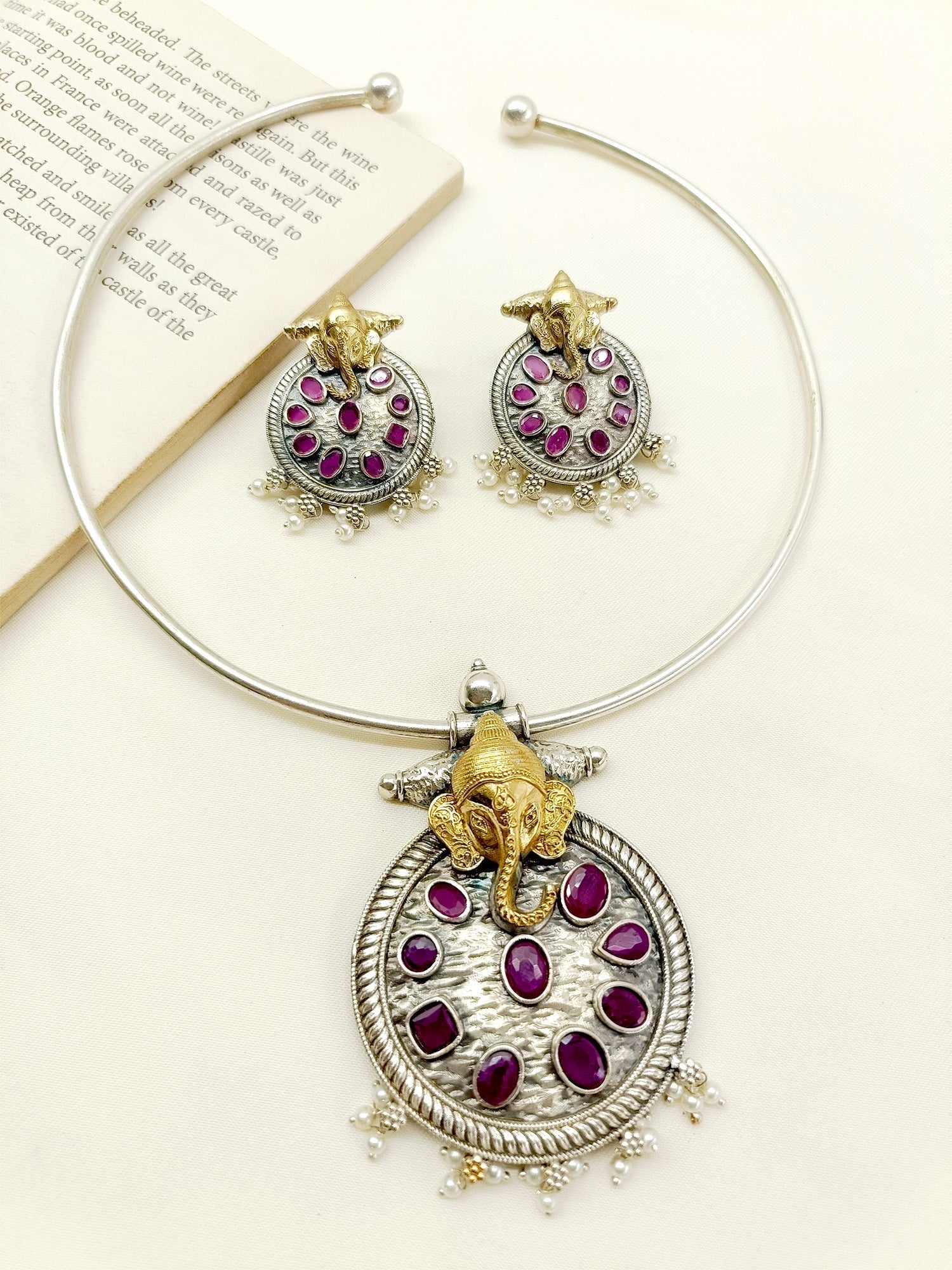 Sanmati Ruby Ganesh Ji Oxidized Hasli Style Necklace Set - qivii