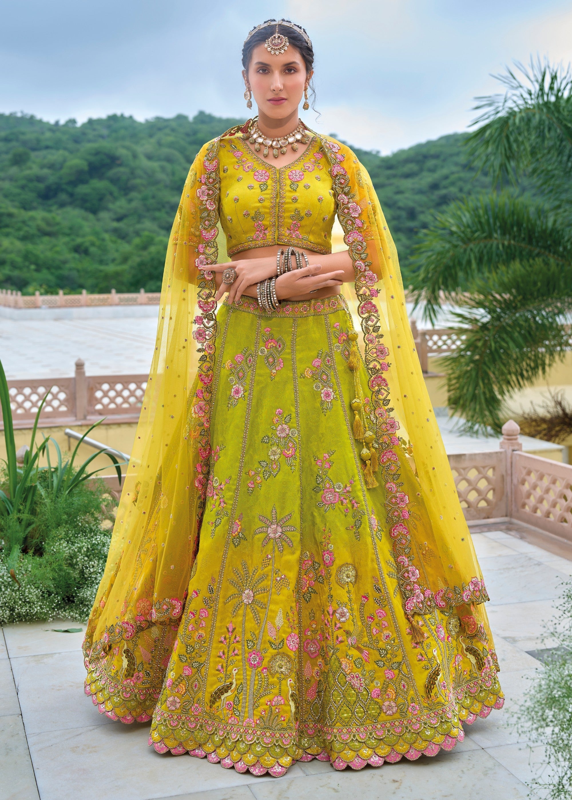 Cadmium Yellow and Green Viscose Tissue Lehenga Choli with Embroidery Work | Ready To Wear - qivii