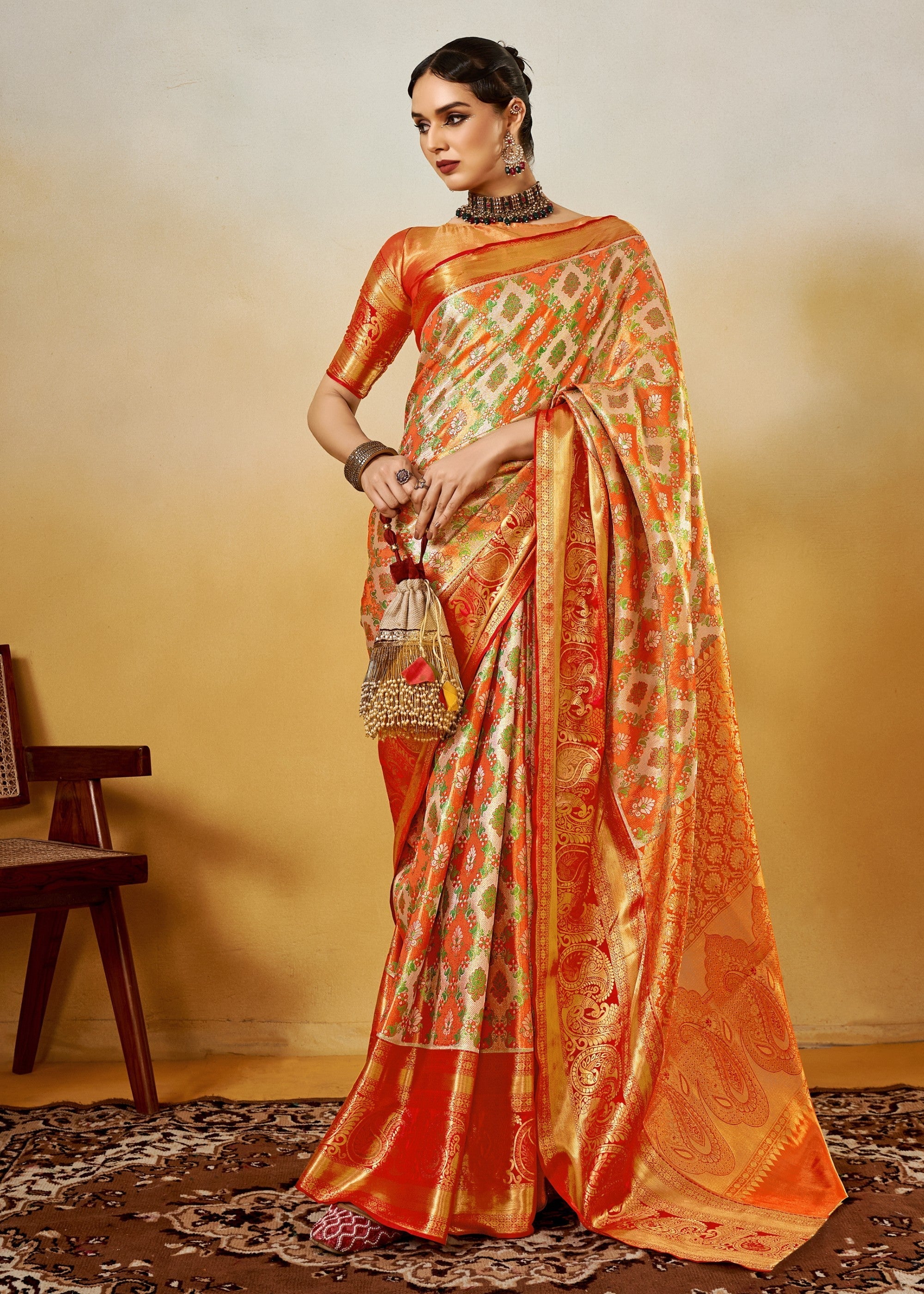 Orange Handloom Dharamavaram Silk Saree - qivii