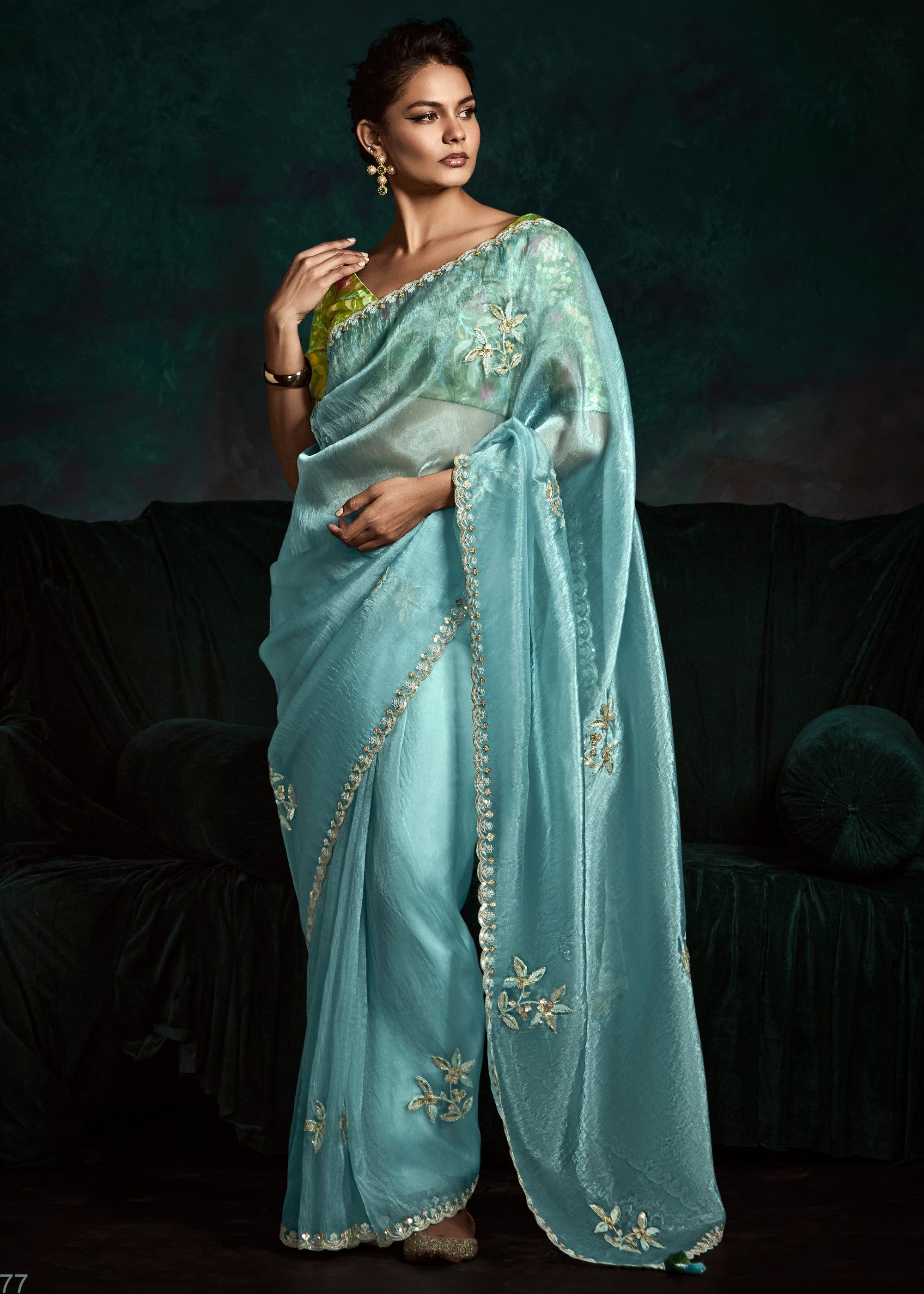 Aqua Blue Fancy Fabric Silk Saree With Sequins And Thread Embroidered Butti Work - qivii