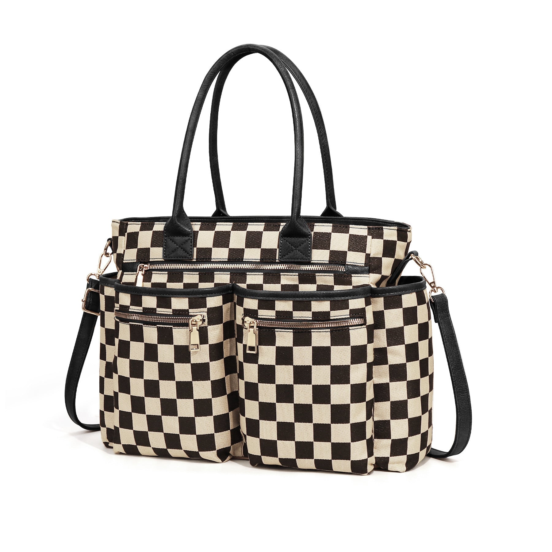 Ounamei Large Checkered Tote Bag for Women | Multi-Pocket Crossbody Shoulder Handbag for Work & Daily Use