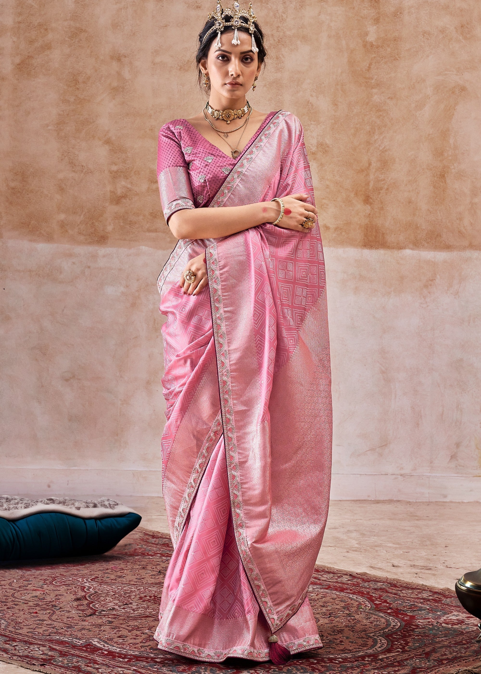 Blush Pink Satin Silk Saree With Heavy Embroidery Lace & Blouse - qivii