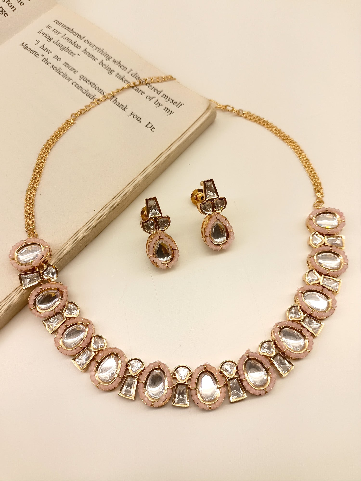Kalki Baby Pink Kundan Necklace Set - qivii