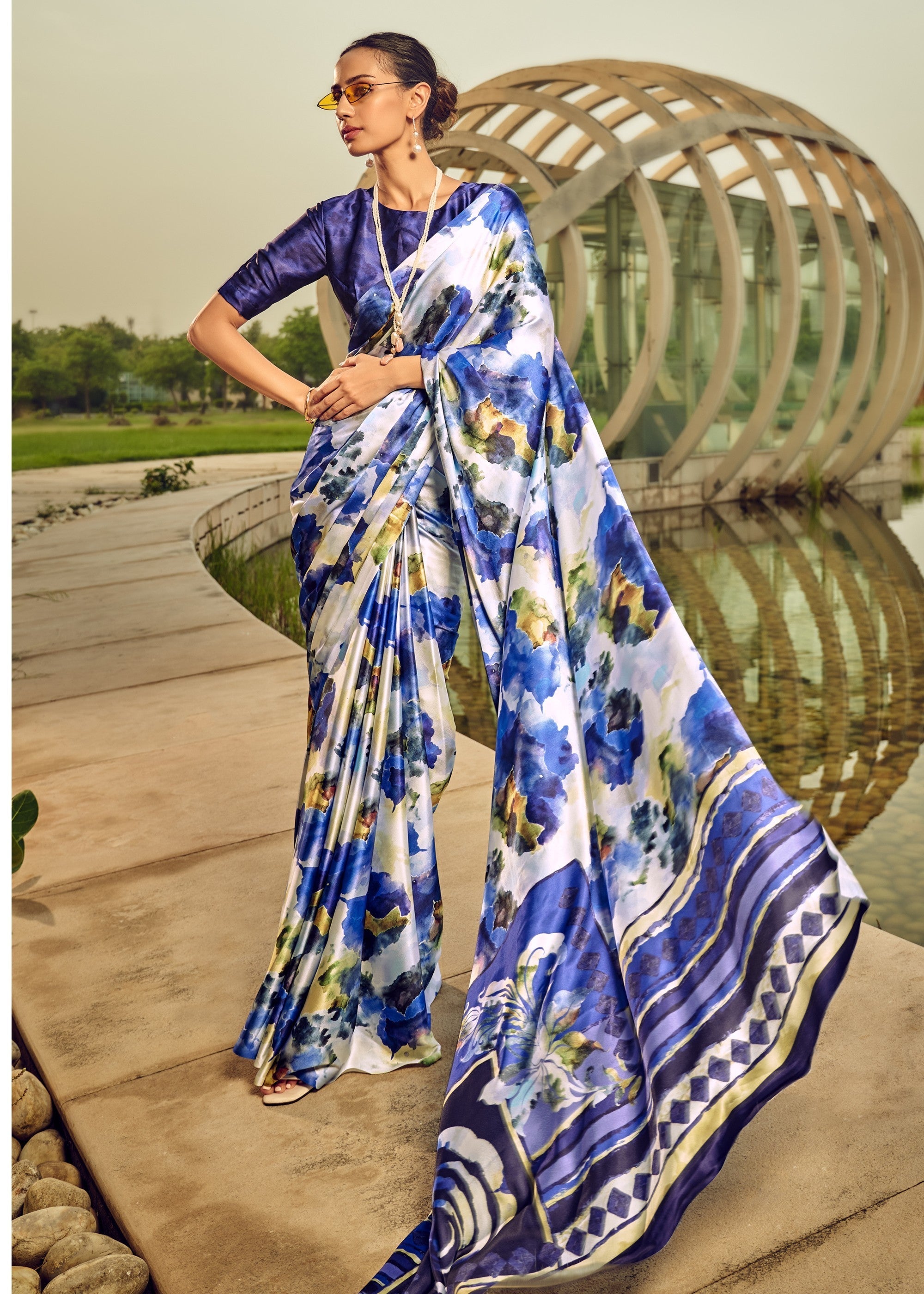 Blue Satin Digital Printed Saree - qivii