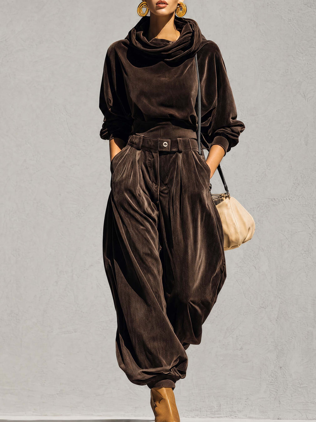 Vintage Sophisticated Casual Brown Velvet Hoodie And Loose Pants Set - By Qivii