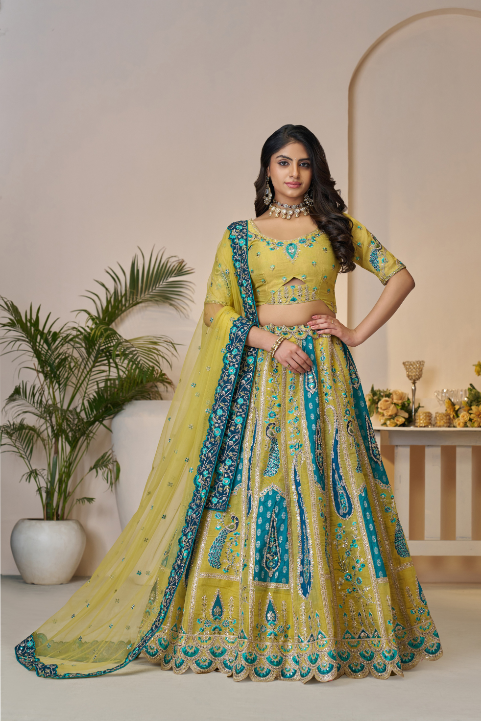 Alluring Golden Sangeet Lehenga Choli with Bel Butti Pattern - qivii