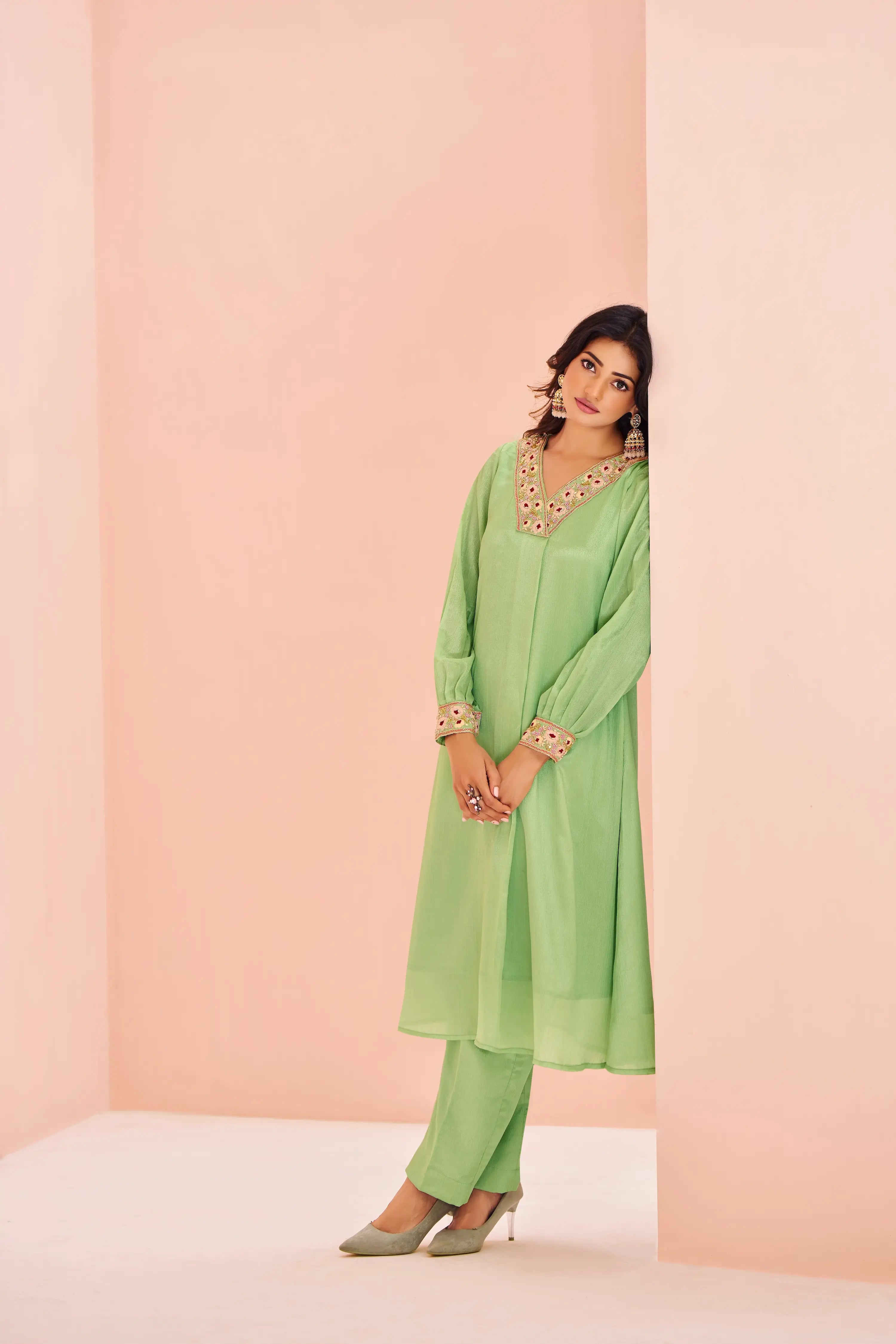 Pista Green Chinon Salwar Suit With Handwork - qivii
