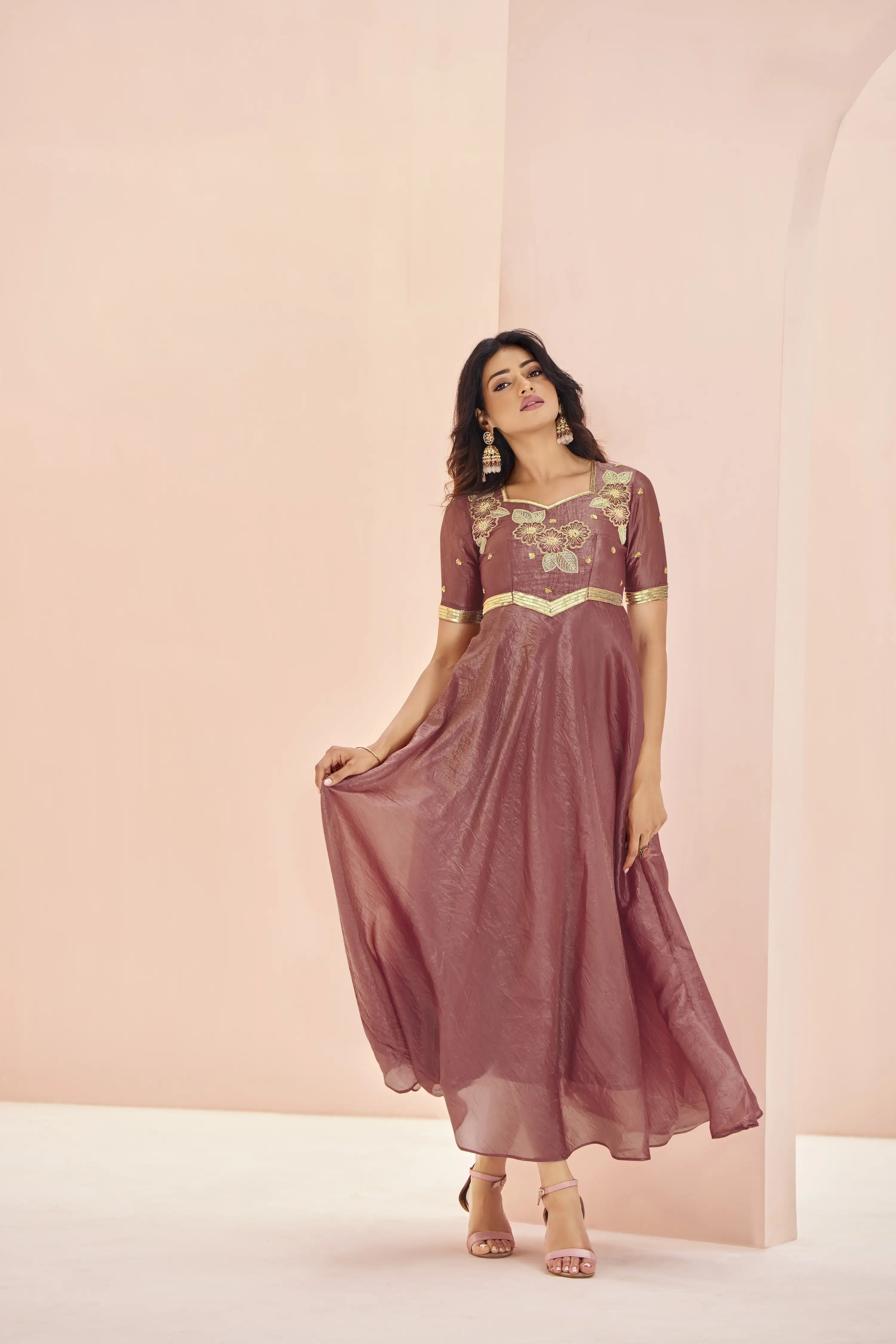 Coral Red Organza Kurta With Handwork - qivii