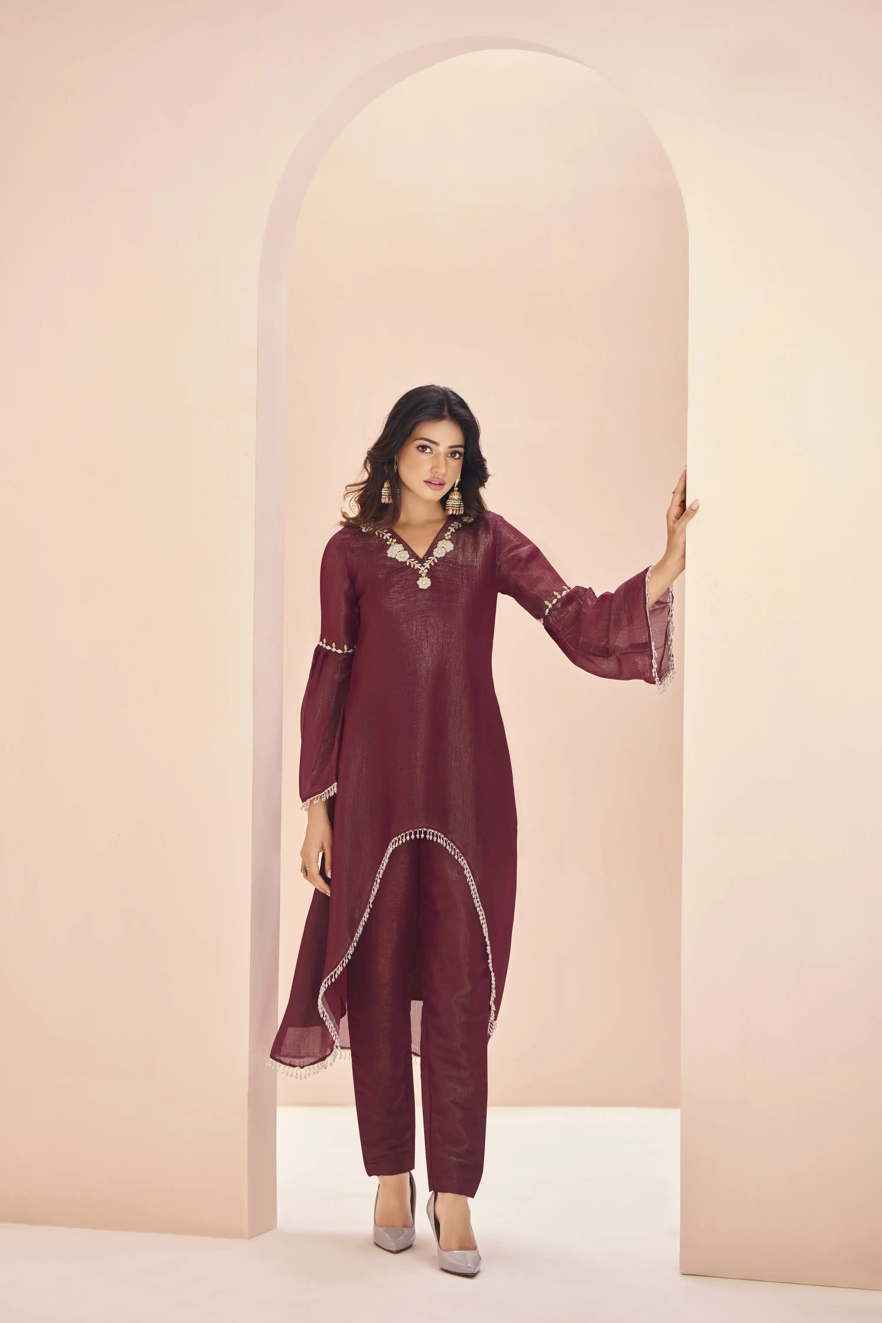 Maroon Organza Salwar Suit With Handwork - qivii