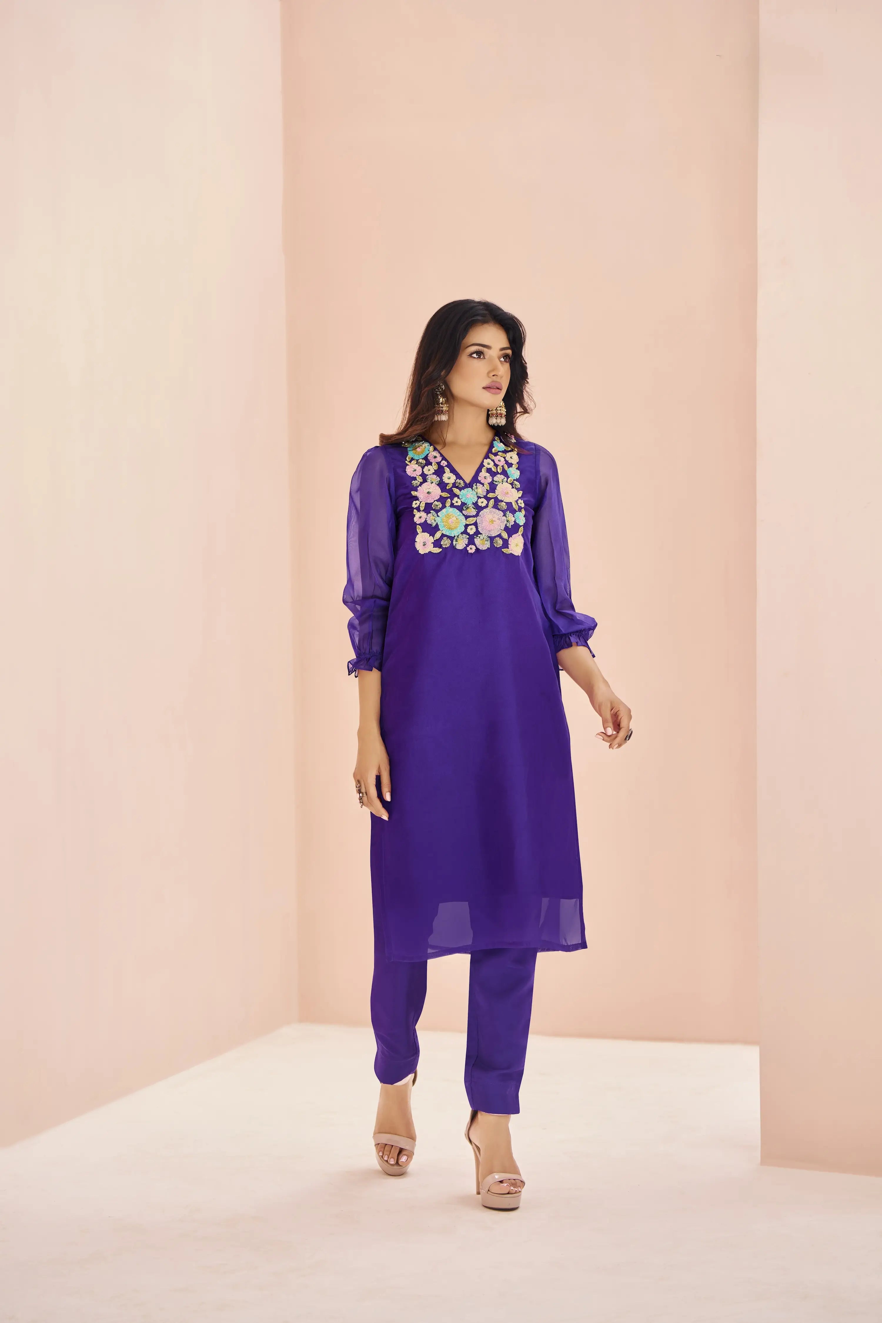 Purple Organza Salwar Suit With Handwork - qivii