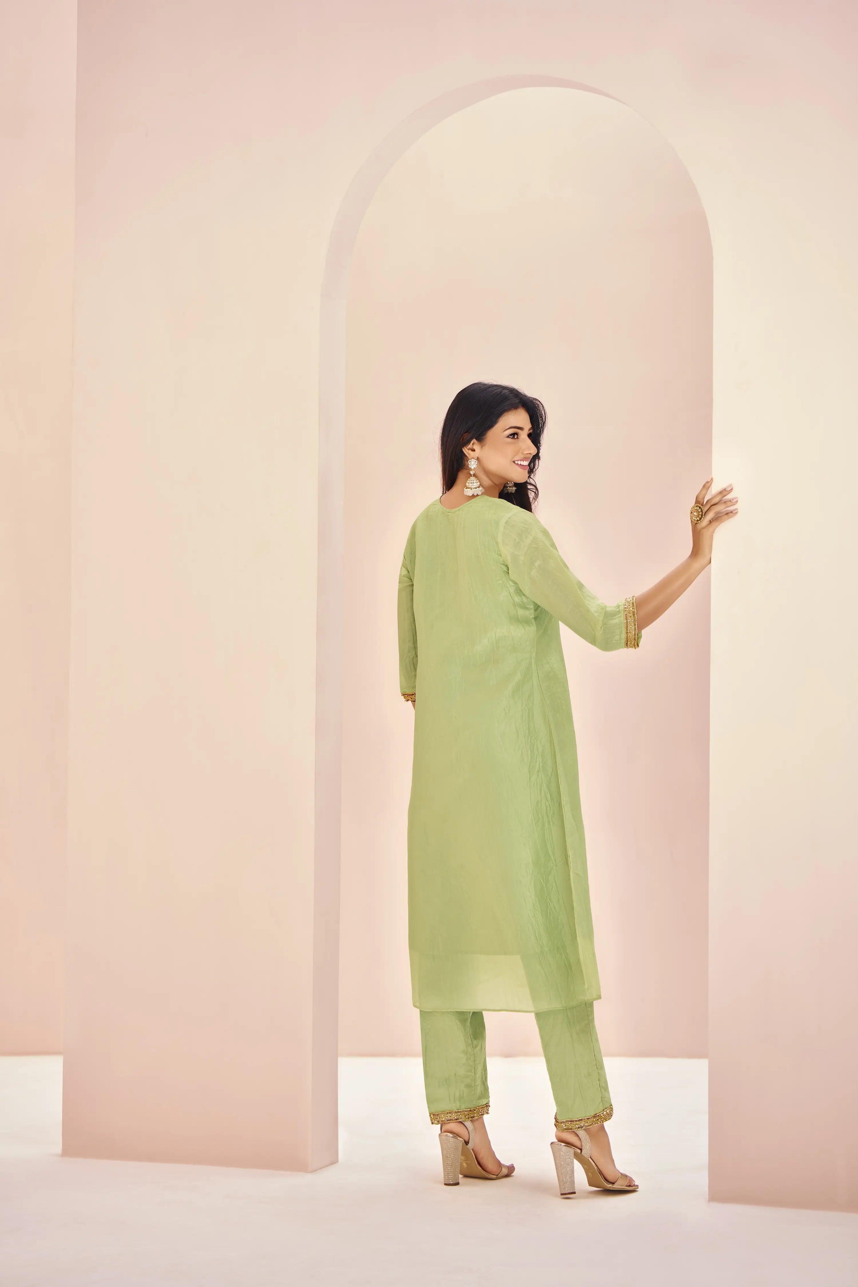 Light Green Organza Salwar Suit With Handwork - qivii