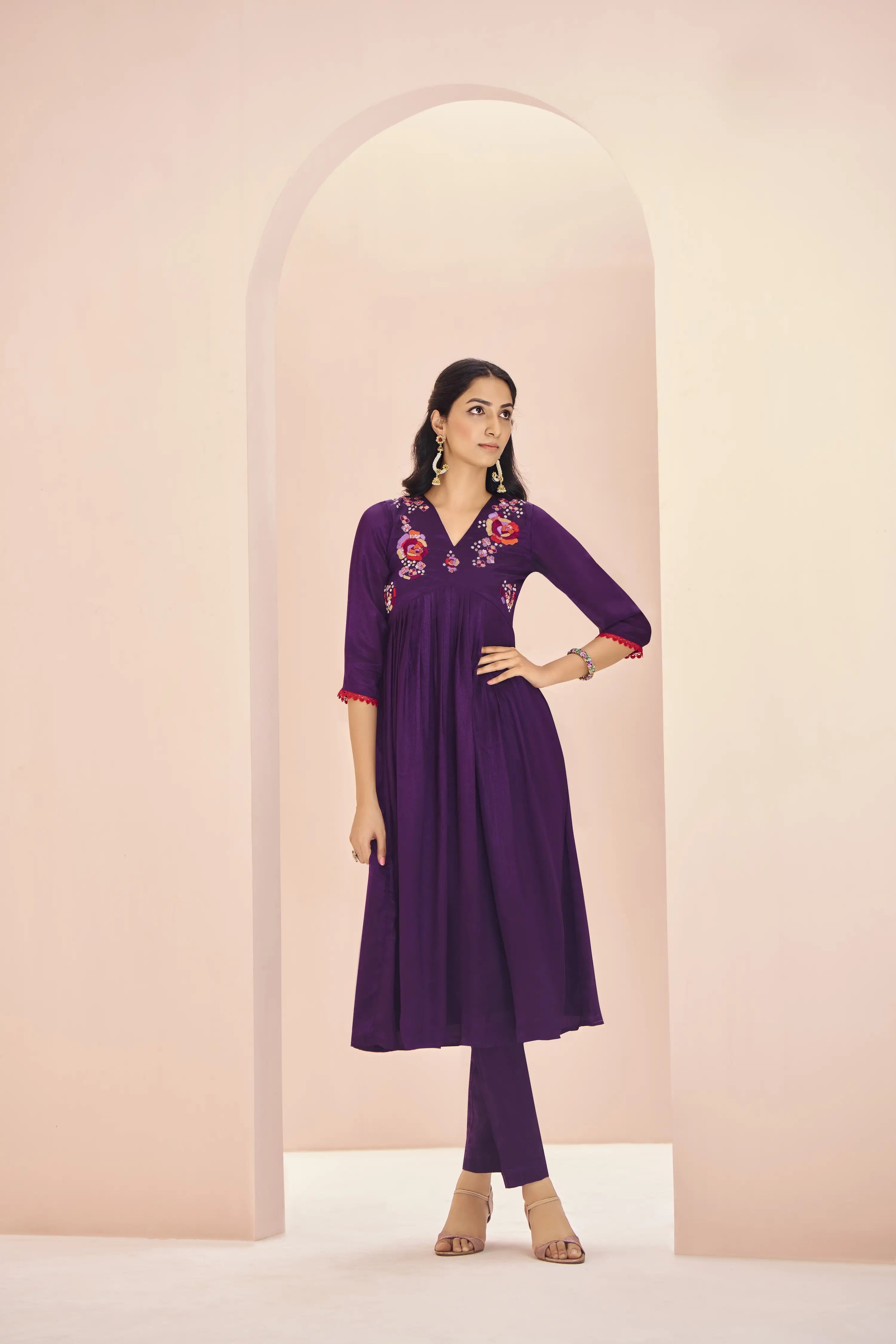 Wine Organza Salwar Suit With Handwork - qivii