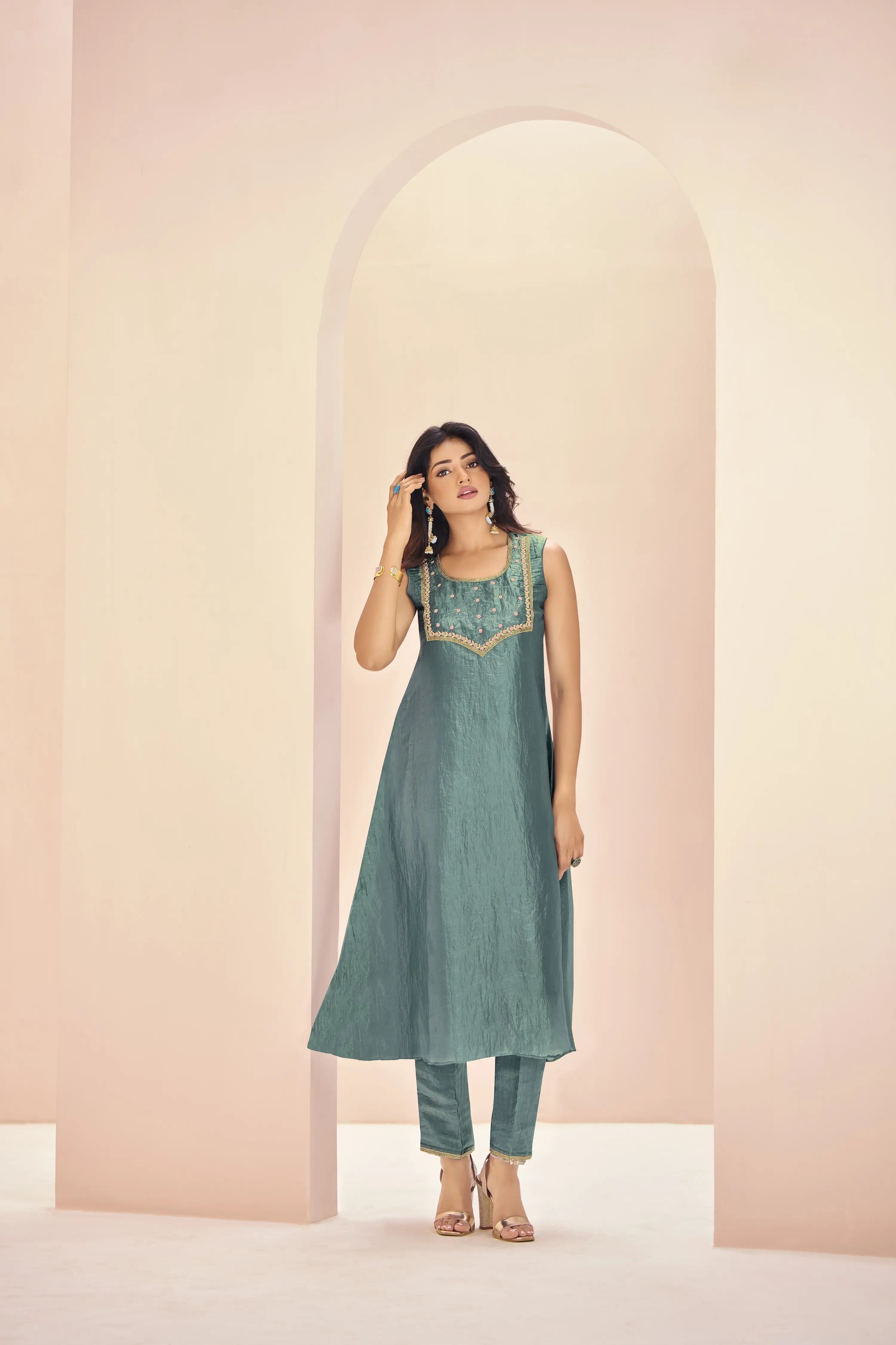 Aqua Green Organza Salwar Suit With Handwork - qivii