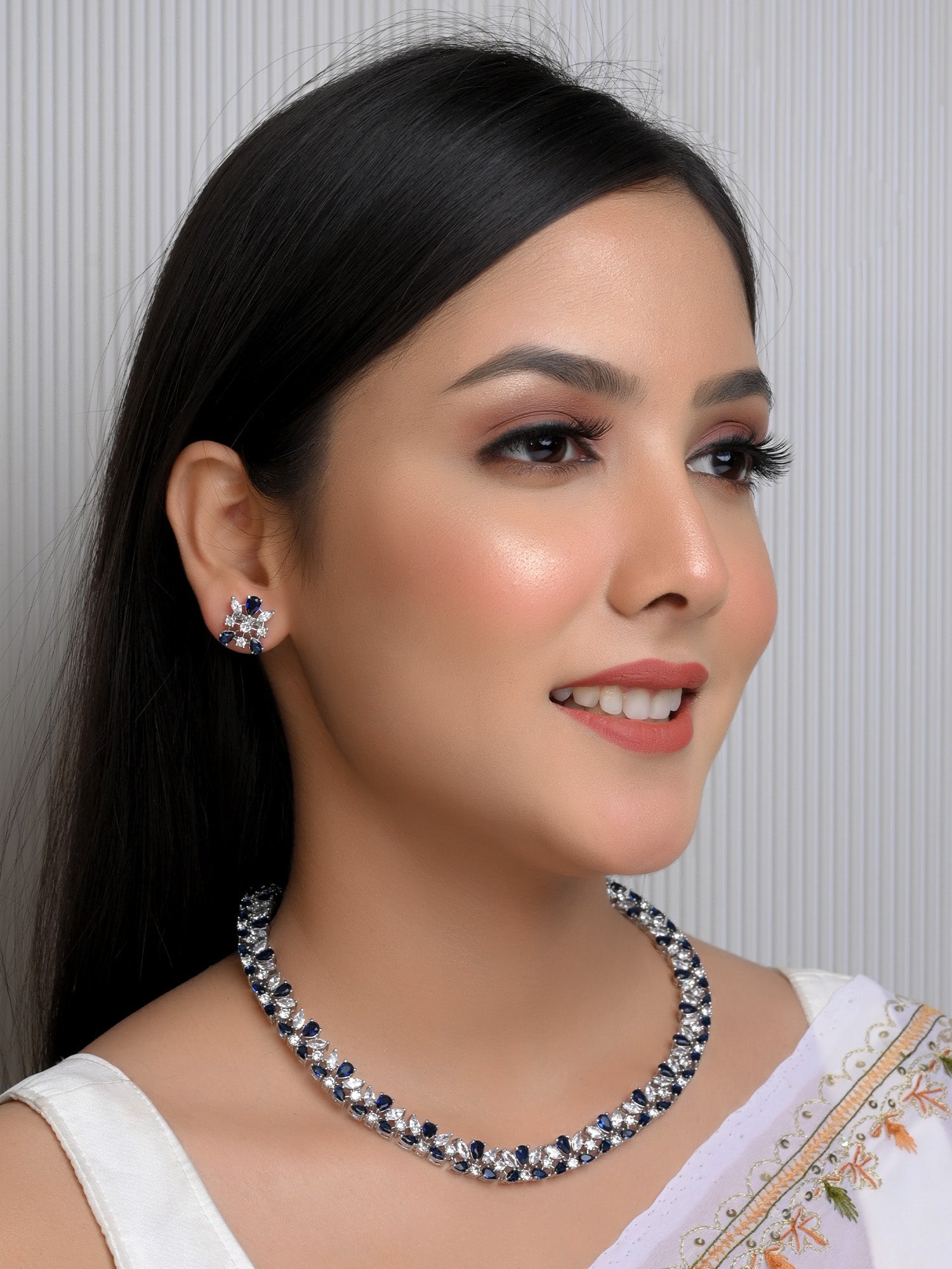 Hizra American Diamond Neckline With Blue Sapphire Stones - qivii