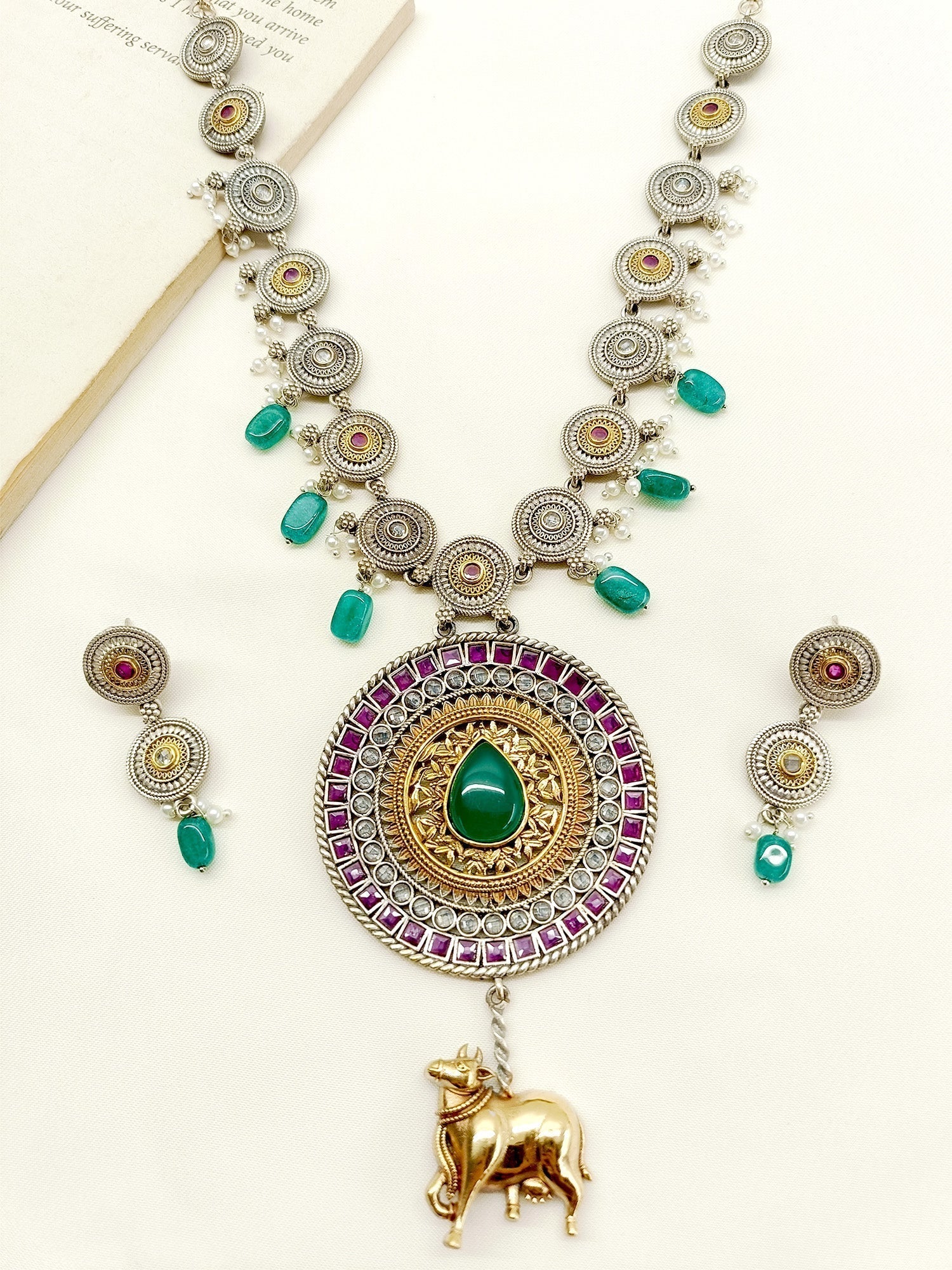 Sanaya R & G Long Oxidized Necklace Set - qivii