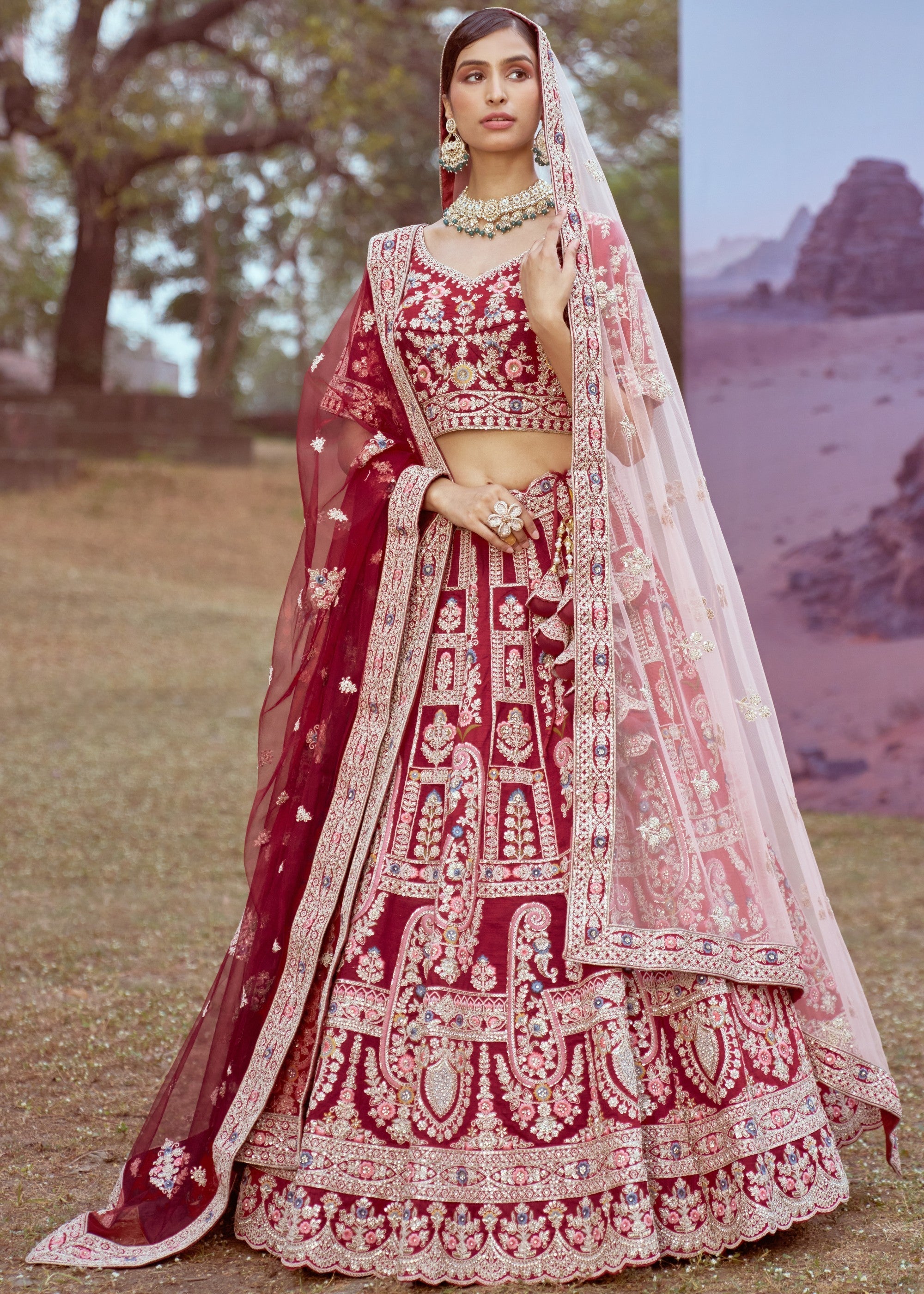 Maroon Pure Silk Moti, Sequins Embroidery Bridal Lehenga | Ready To Wear - qivii