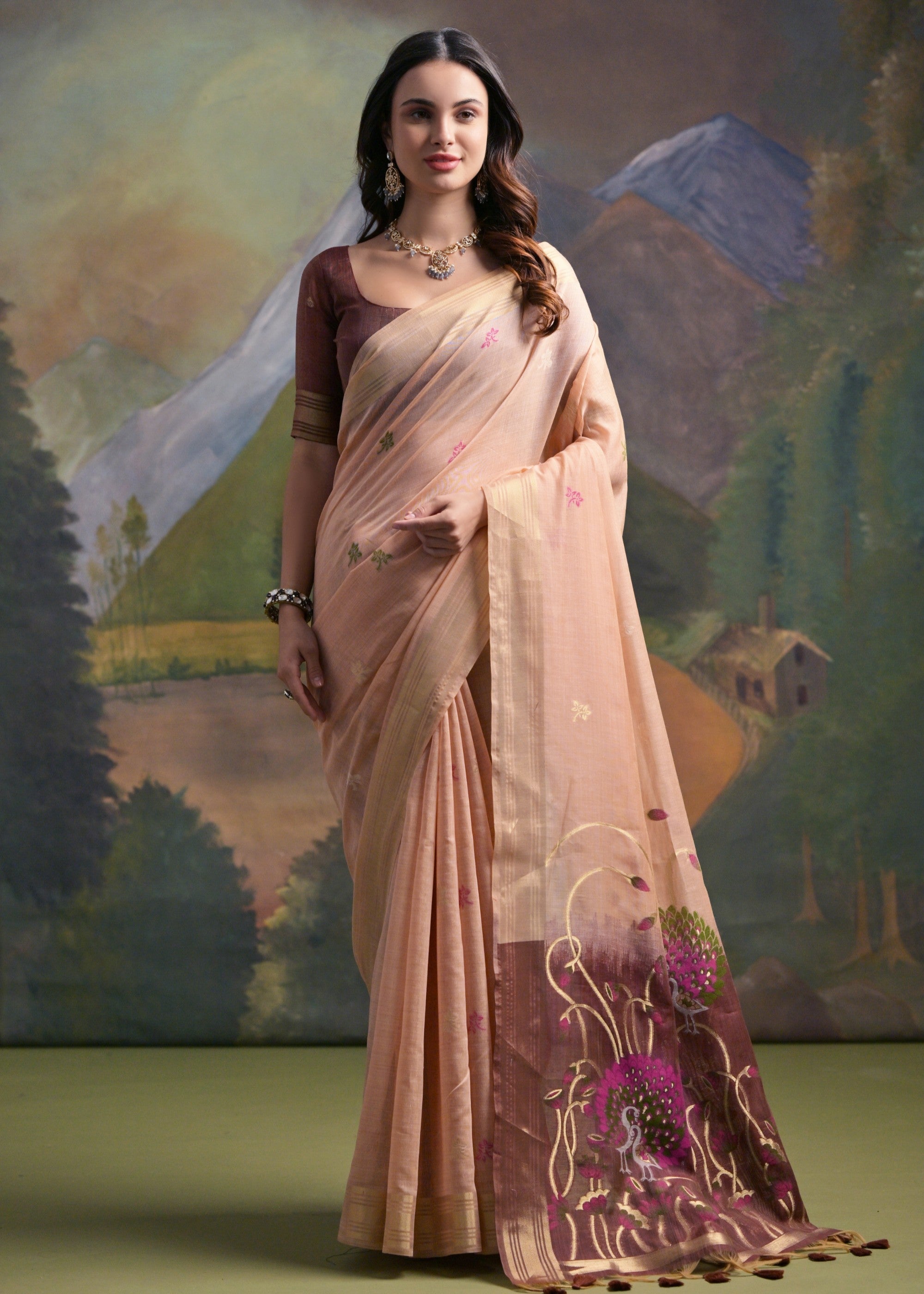 Peach Thread Woven Cotton Saree With Contrast Blouse And Pallu - qivii
