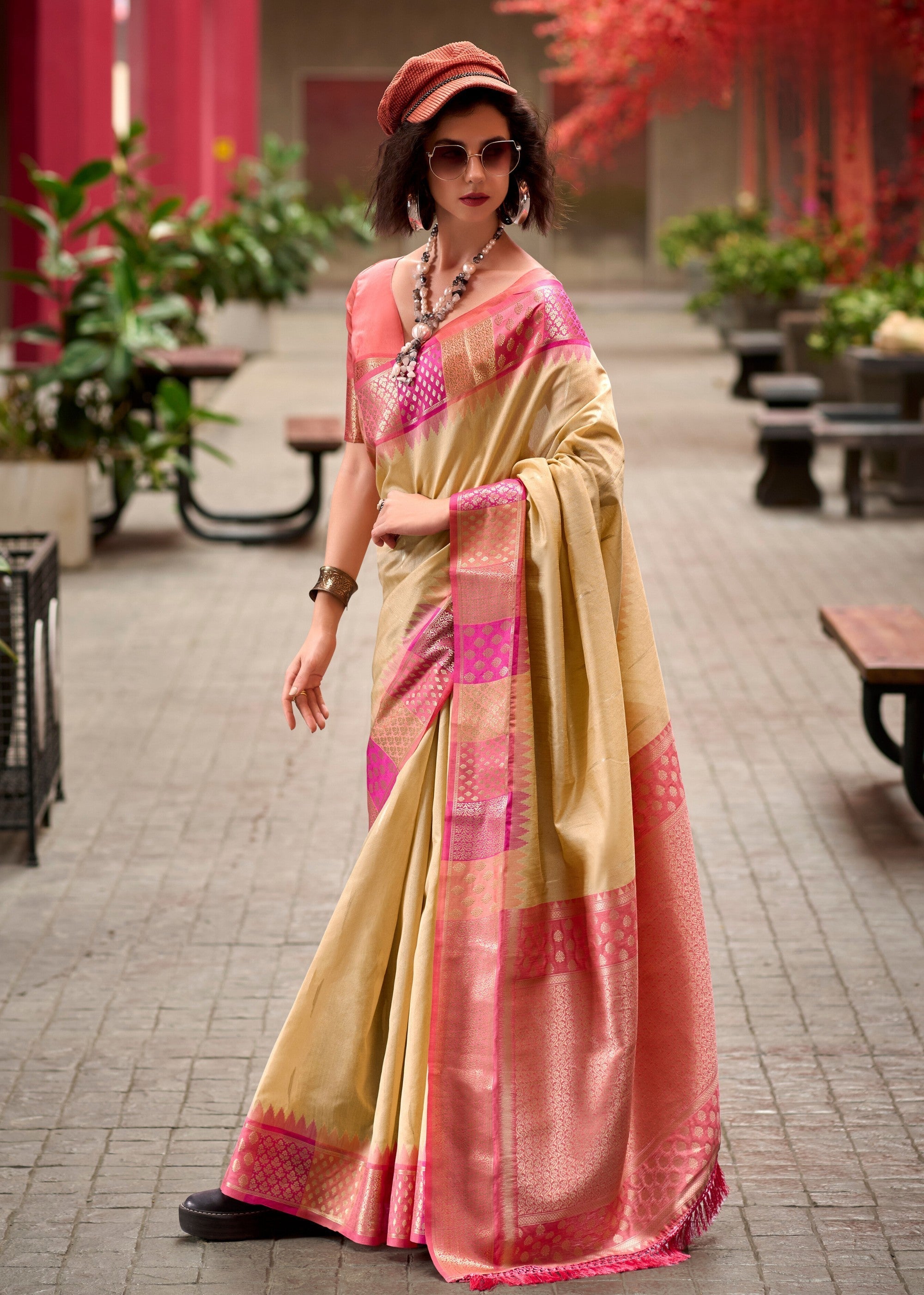 Burlywood Brown Banarasi Silk Saree With Beautiful Contrast Border - qivii