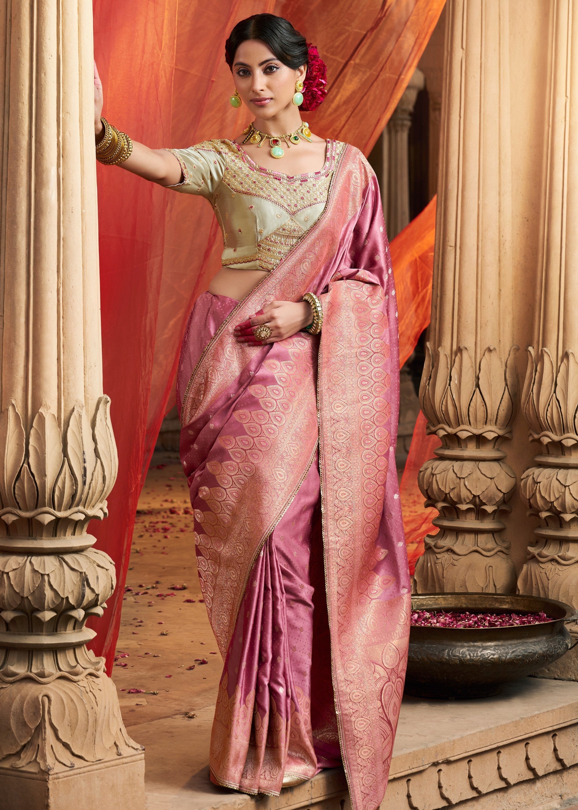 Fuchsia Pink Satin Silk Saree With Beautiful Lace Border And Heavy Designer Embroidered Blouse - qivii