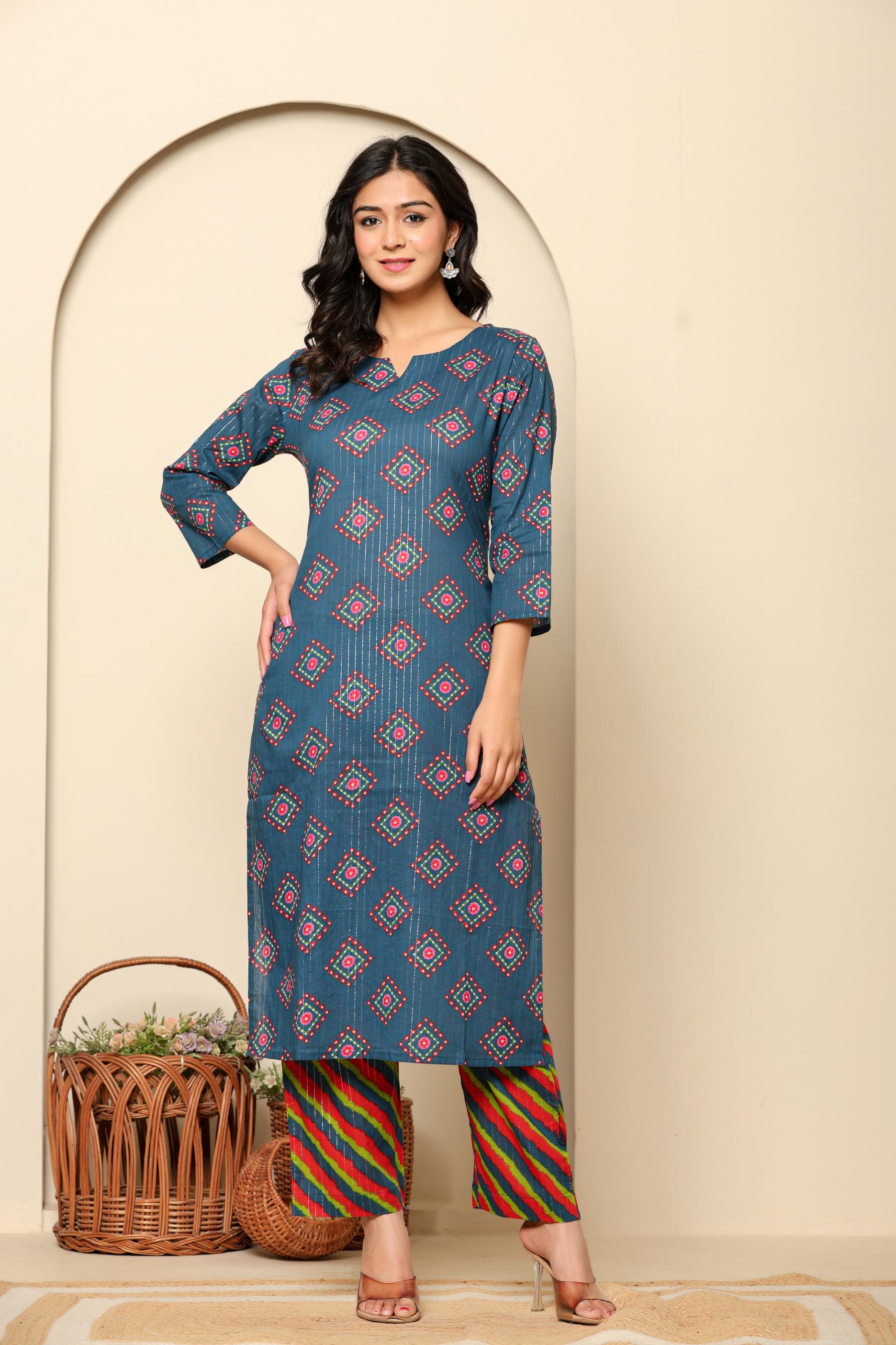 Navy Blue Printed Cotton Kurta Set - qivii
