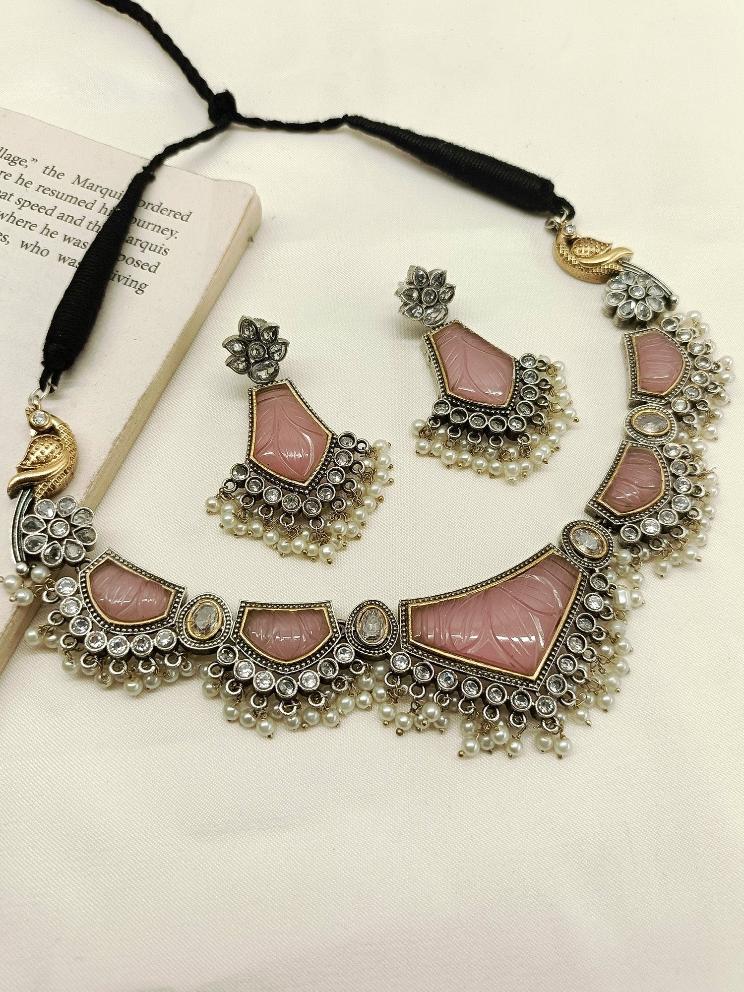 Amelia Baby Pink Oxidized Necklace Set - qivii