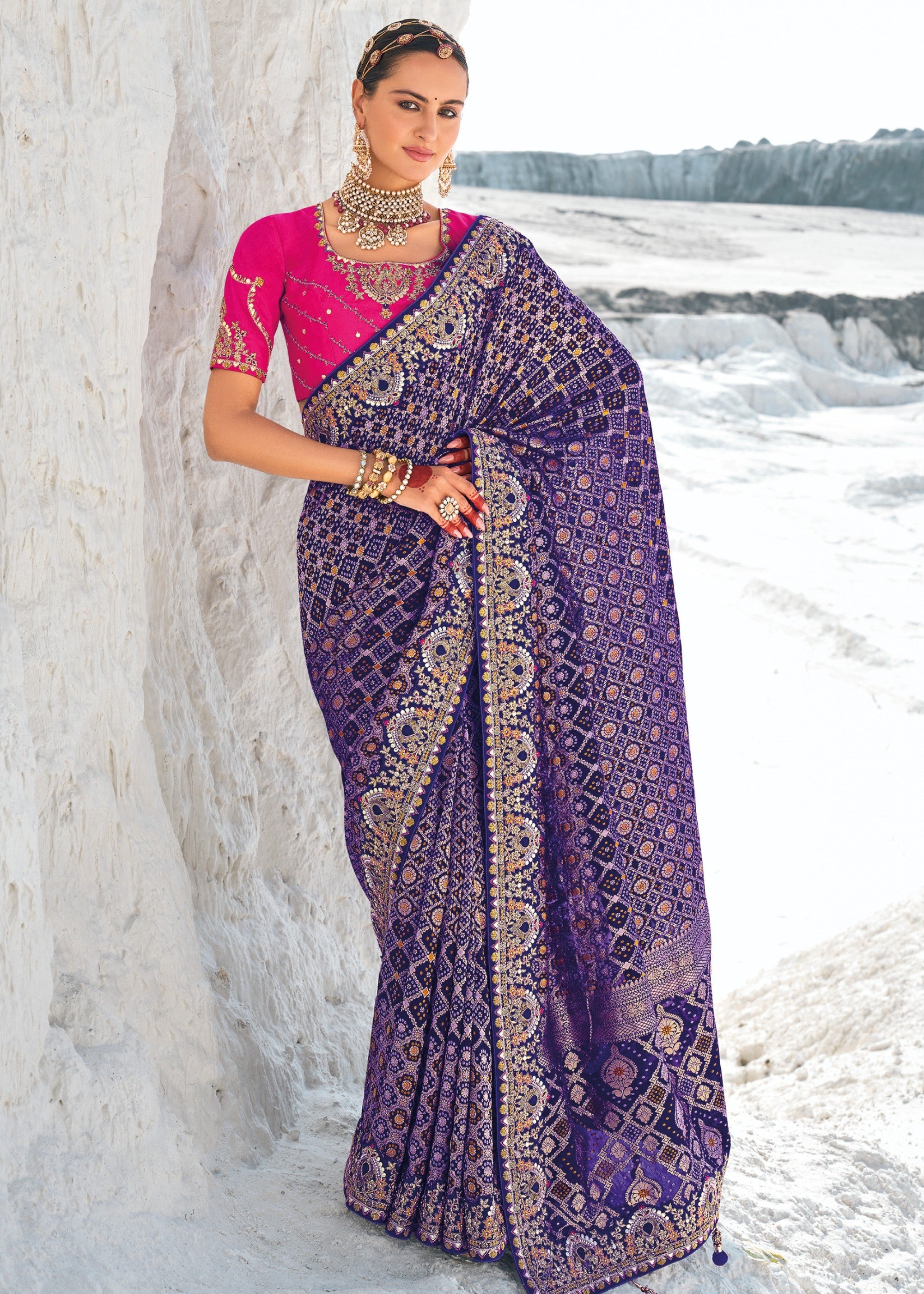 Berry Blue Pure Georgette Bandhani Patola With Zari Weaving Heavy Work Saree - qivii