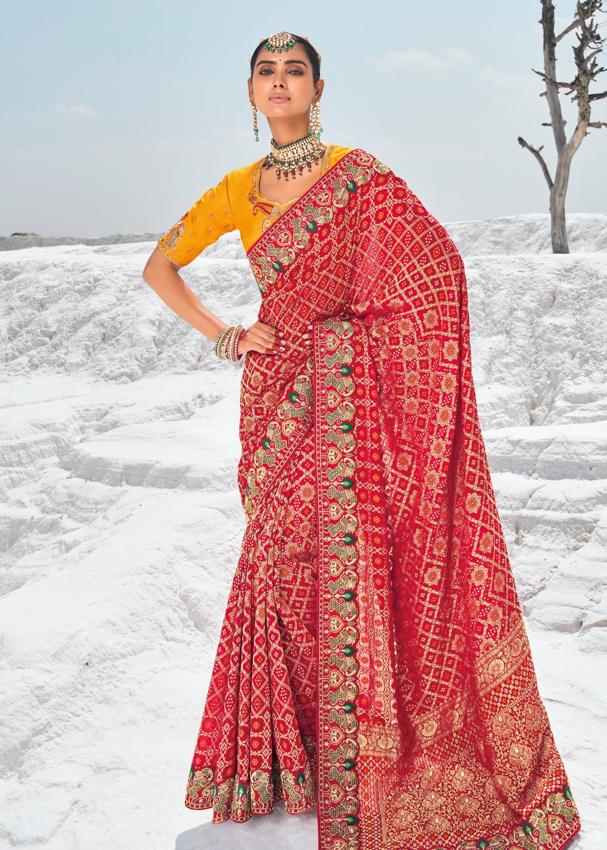 Crimson Red Pure Georgette Bandhani Patola With Zari Weaving Heavy Work Saree - qivii