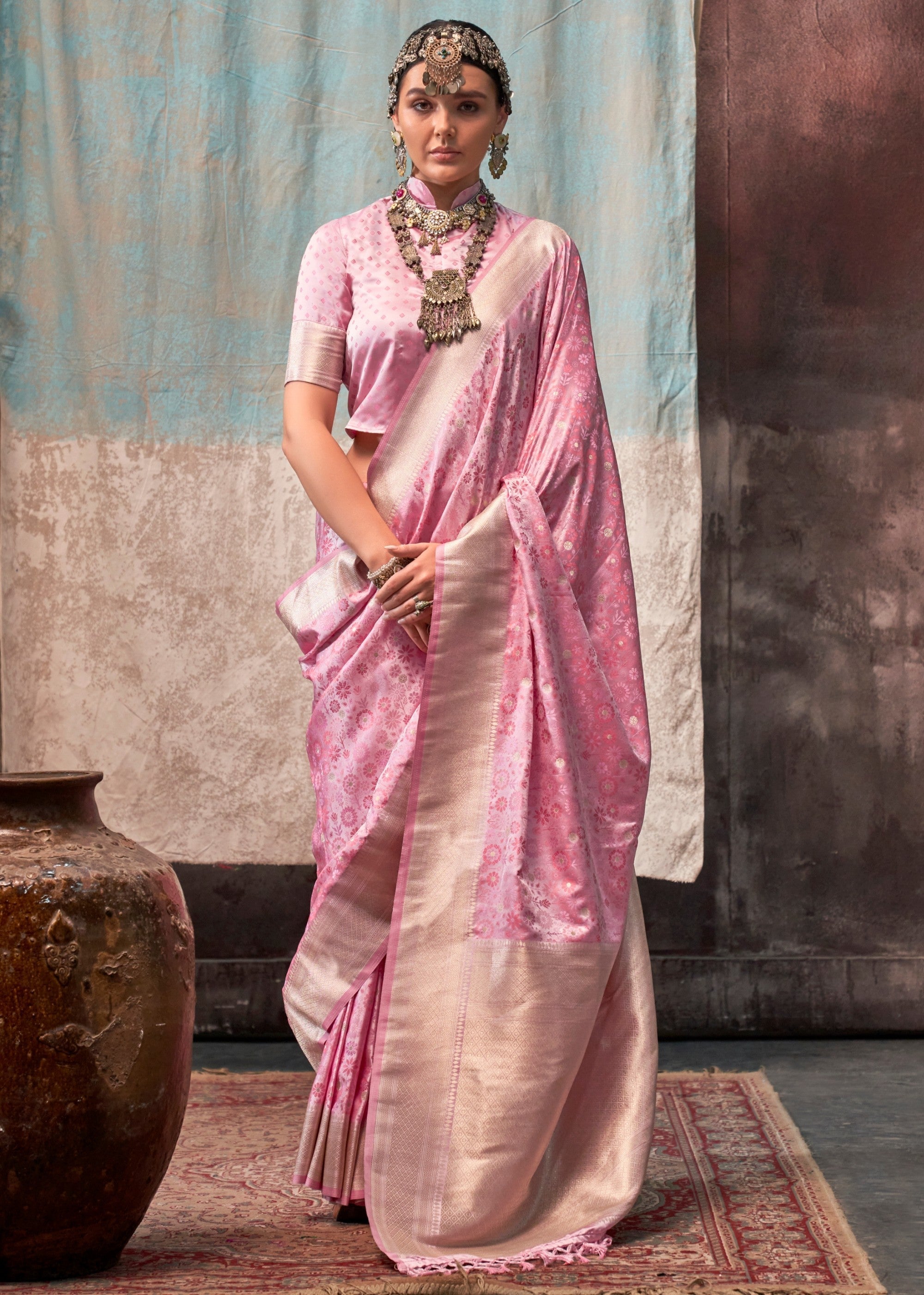 Rose Pink Pure Satin Handloom Weaving Silk Sarees - qivii