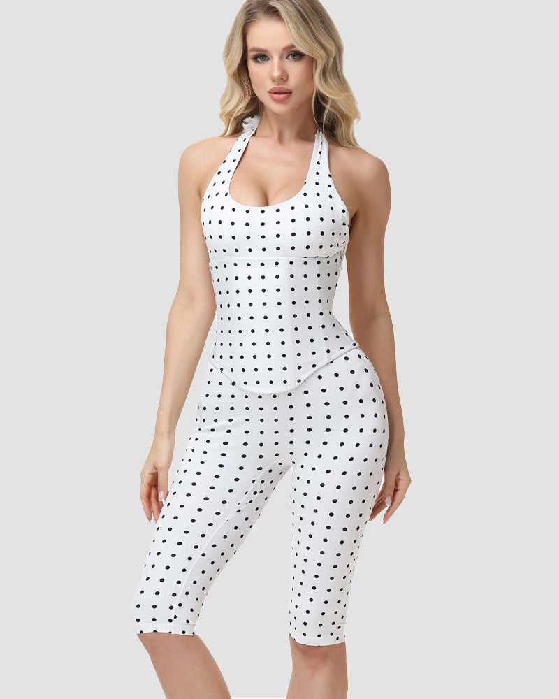 Hourglass Figure Body Shaper Waist Cincher Polka Dot Capri Jumpsuit Two-Piece Set - By Qivii