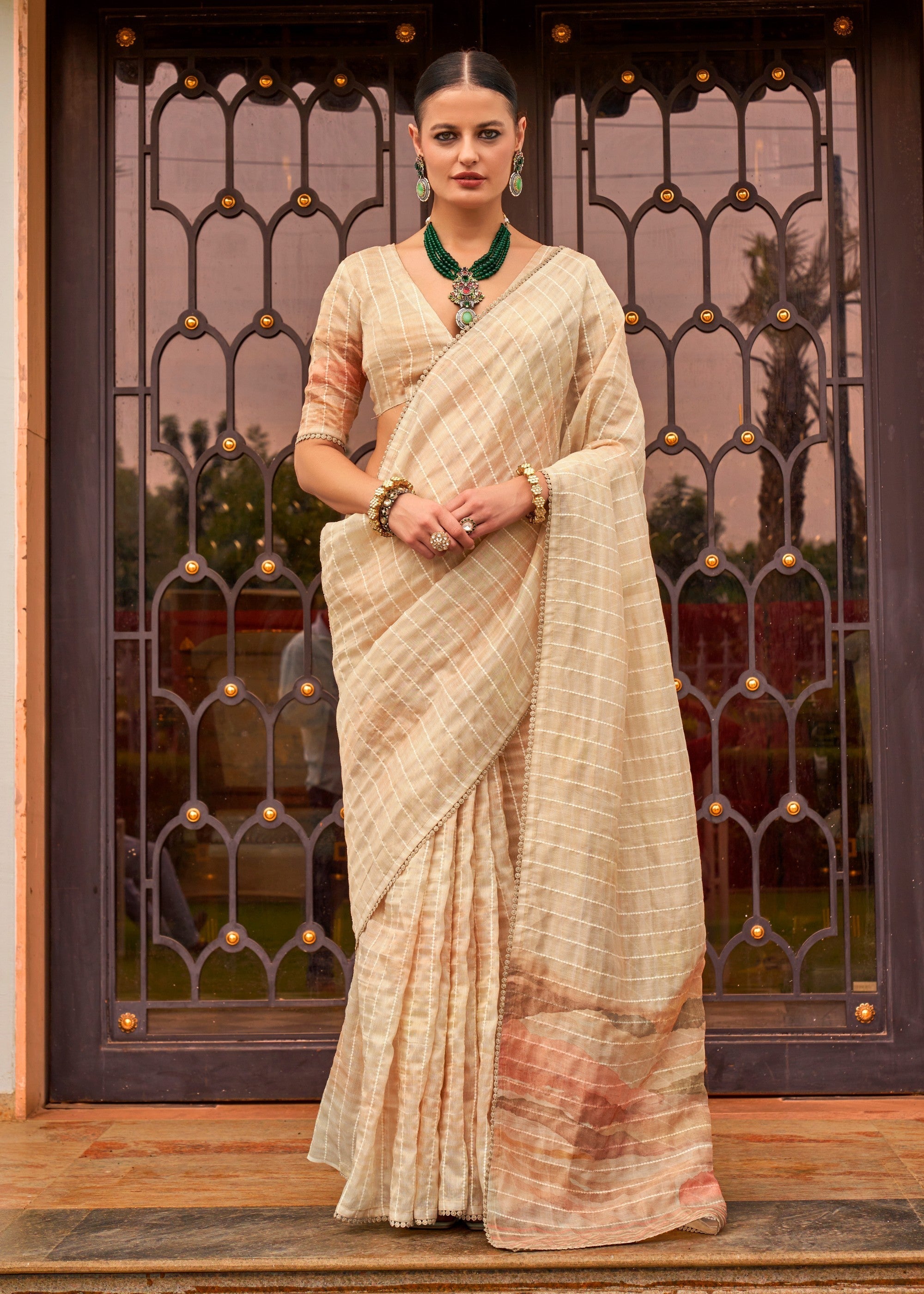 Off White Pure Tissue Silk Saree - qivii