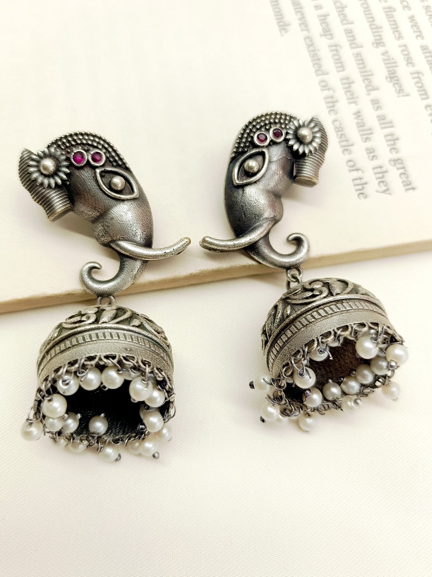 Aarya Ruby Ganesh Ji Oxidized Jhumki - qivii