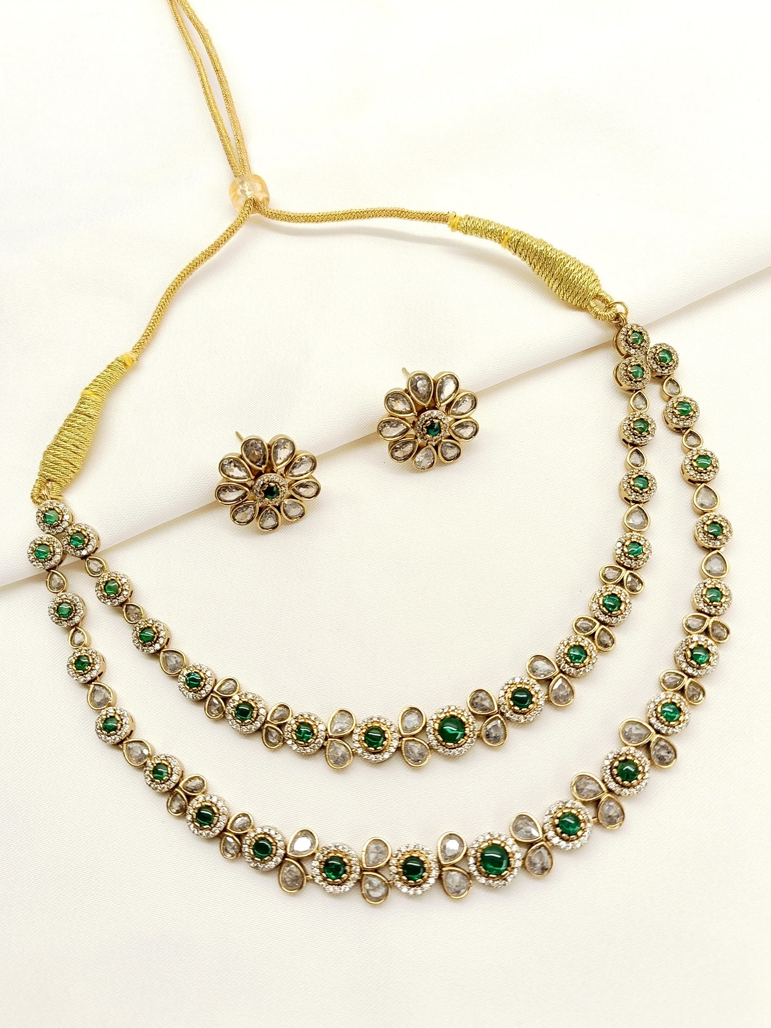 Yuka Green Double layered Polki Necklace Set - qivii